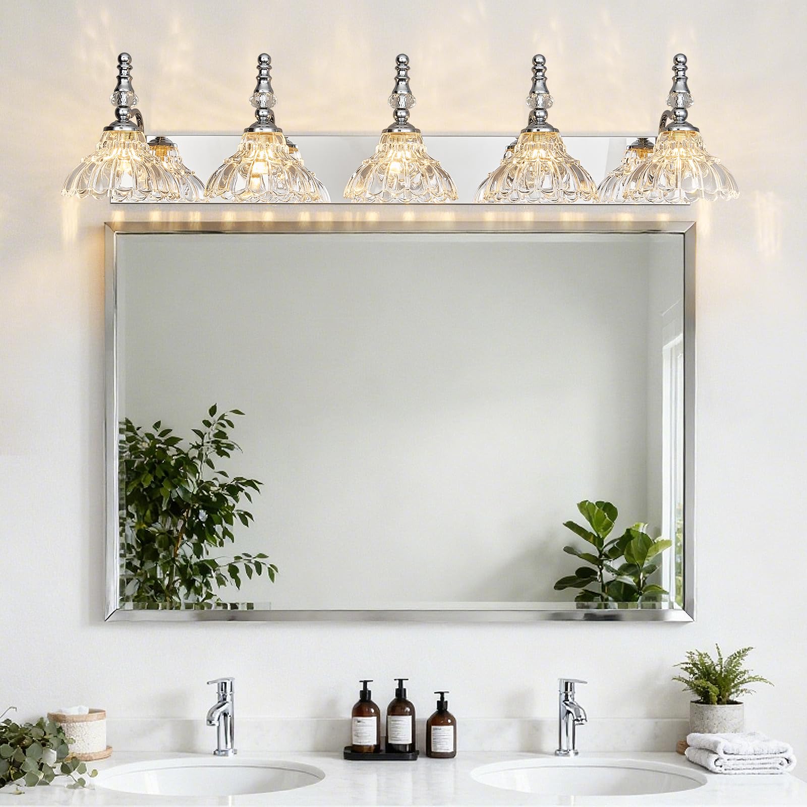 Lbsqj Vintage Bathroom Vanity Light  5-Light Chrome Vanity Lighting Fixture With Flower Glass Shade  Bathroom Lighting Fixtures Over Mirror