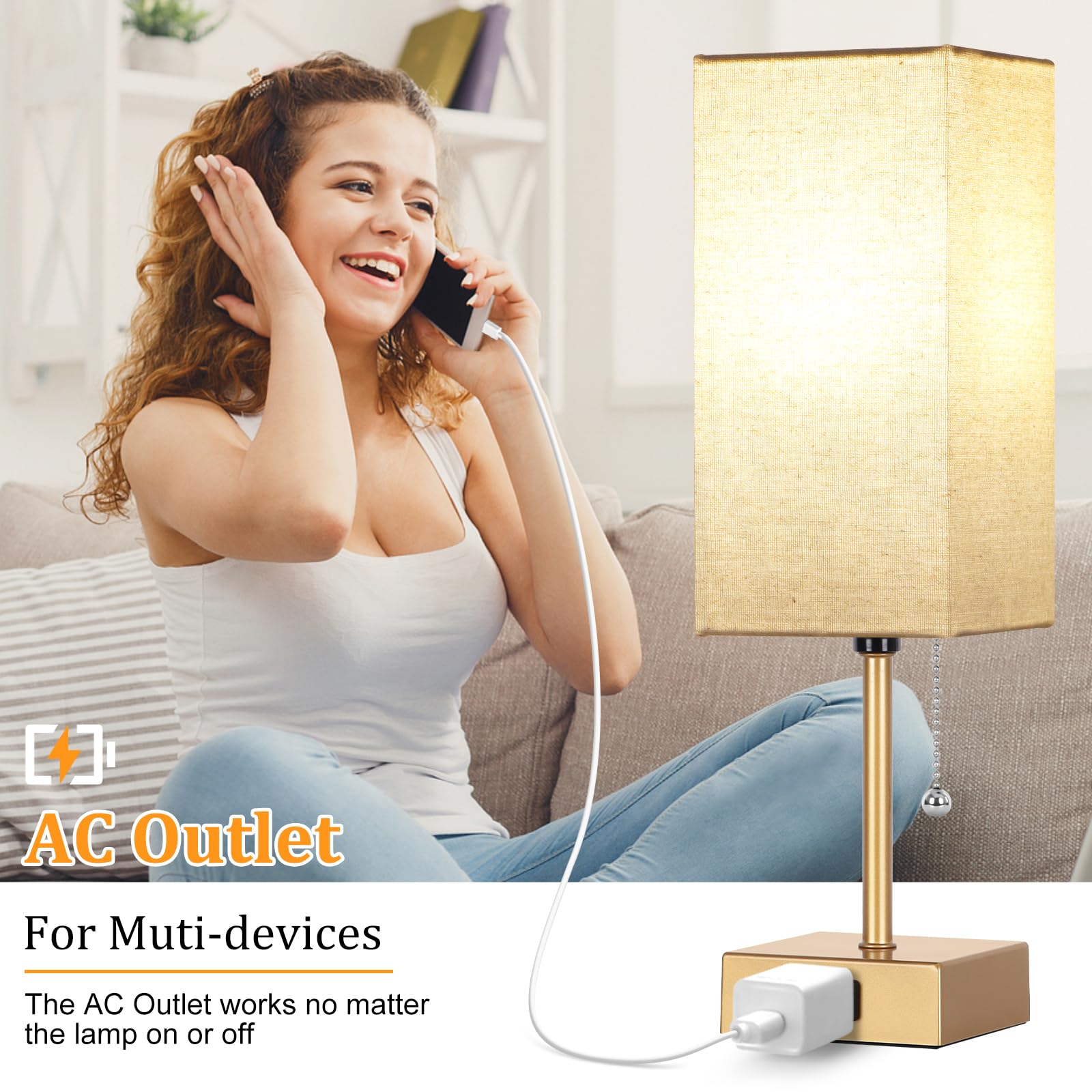 Dott Arts Table Lamp Set of 2, 15 inch Gold Linen Metal, 3-Color with Pull Chain, Includes 2 Bulbs, Model PTL6W-030