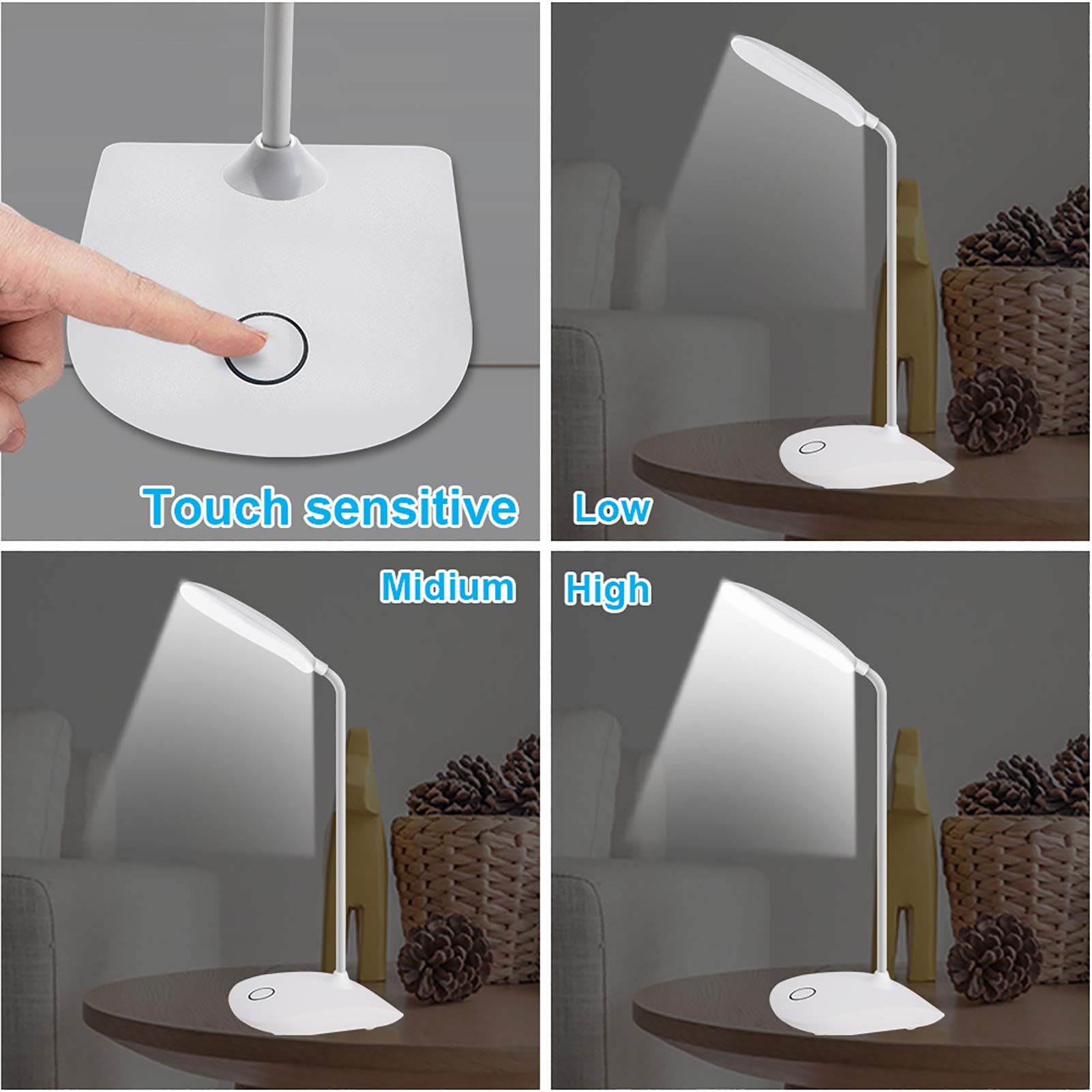 DEEPLITE LED Desk Lamp - 5W Touch Control, 3 Brightness Levels, Portable, White, Model OL-T04, Eye-Caring for Study, Office, Bedroom