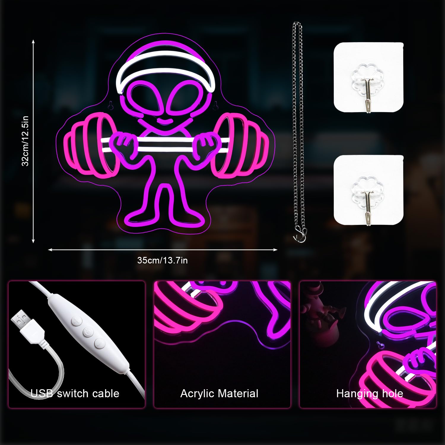 Lucunstar Alien Neon Sign,Dumbbell Gym Led Wall Decor,Led Alien Light,Shop Bar Man Cave,Teen Room,Game Room Decor,Hip Hop Party