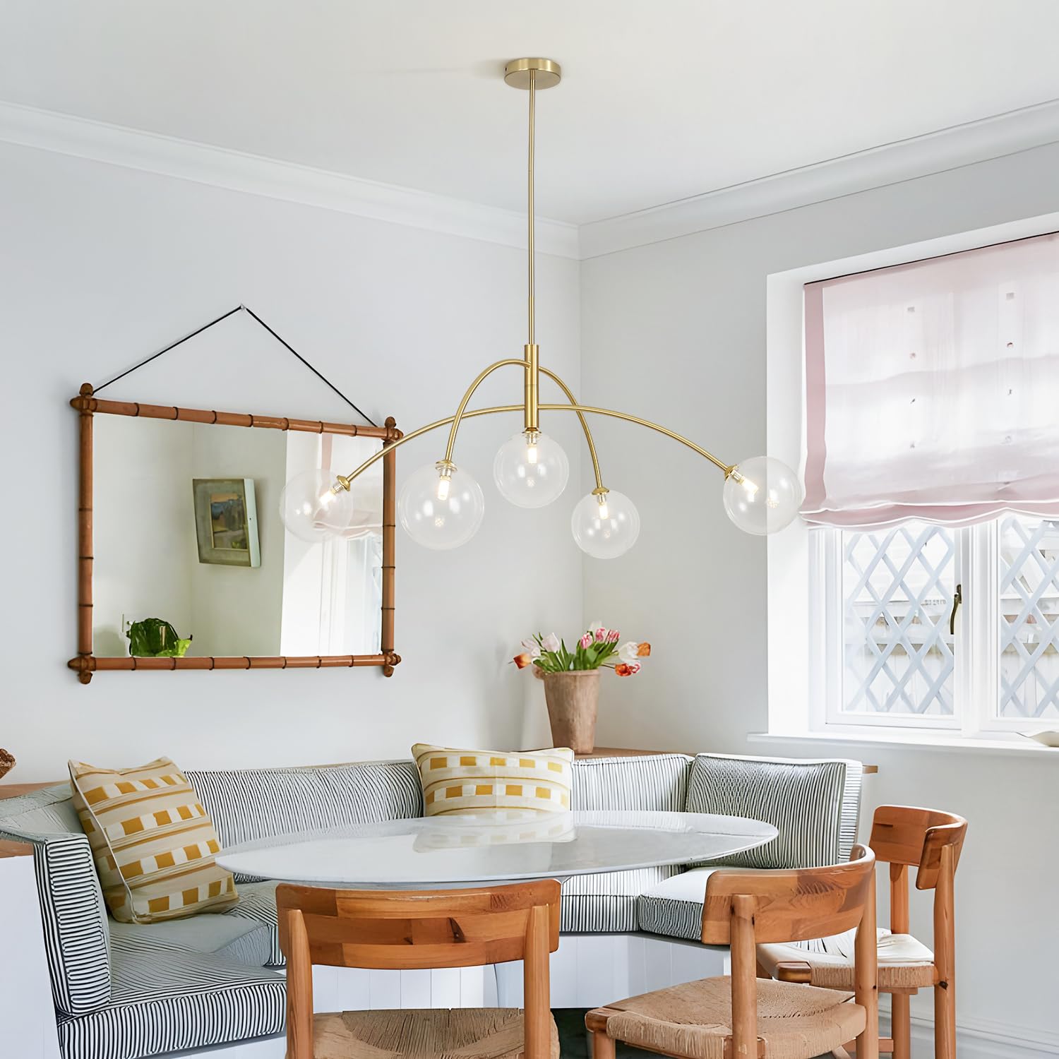 Fulesi 5 Light Modern Brass Chandelier Fixture White Clear Globe Glass Shade Pendant Light Gold Kitchen Ceiling Large Chandelier