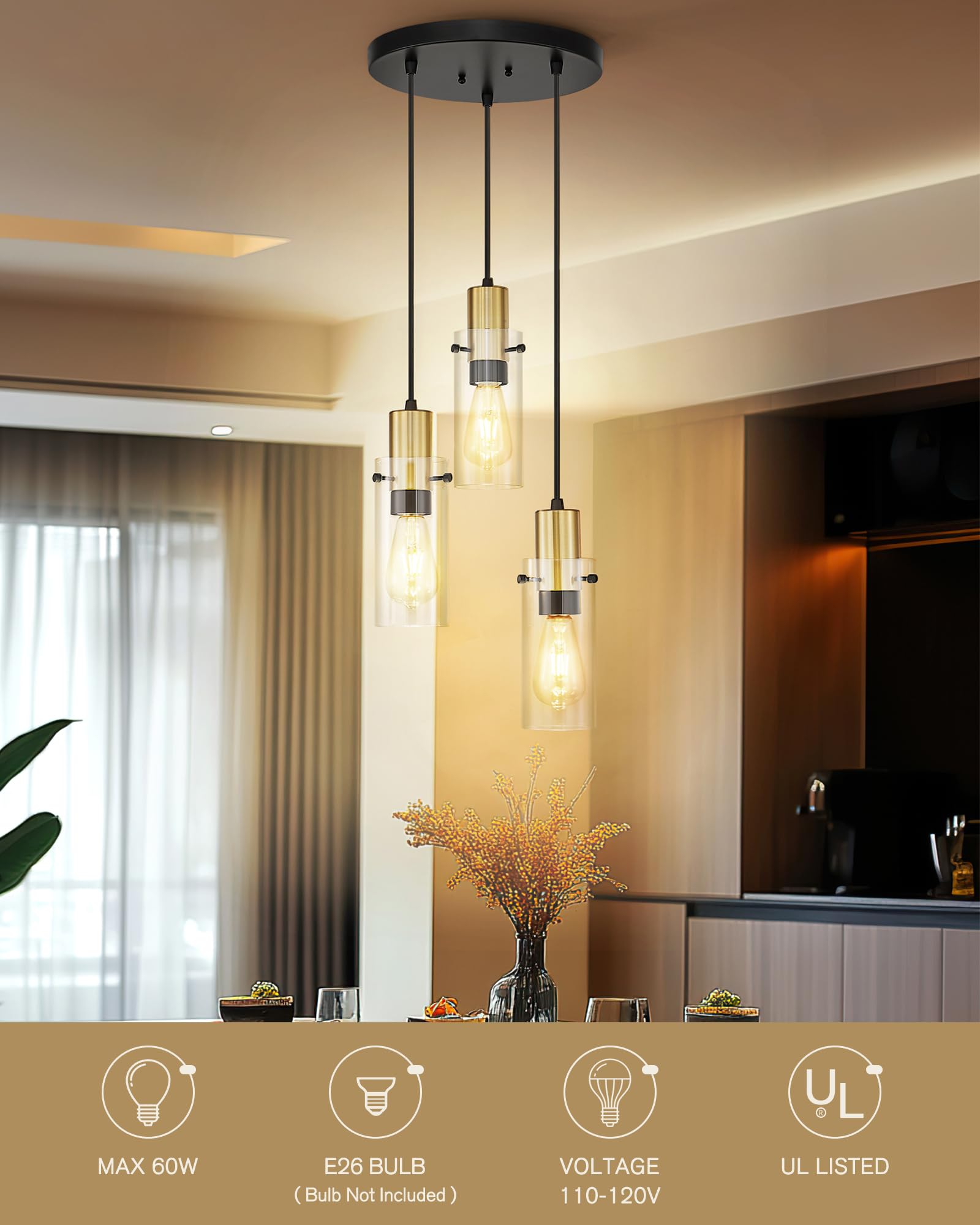 Emak 3-Light Cluster Pendant Light, Black & Gold Modern Fixture With Clear Glass Shade