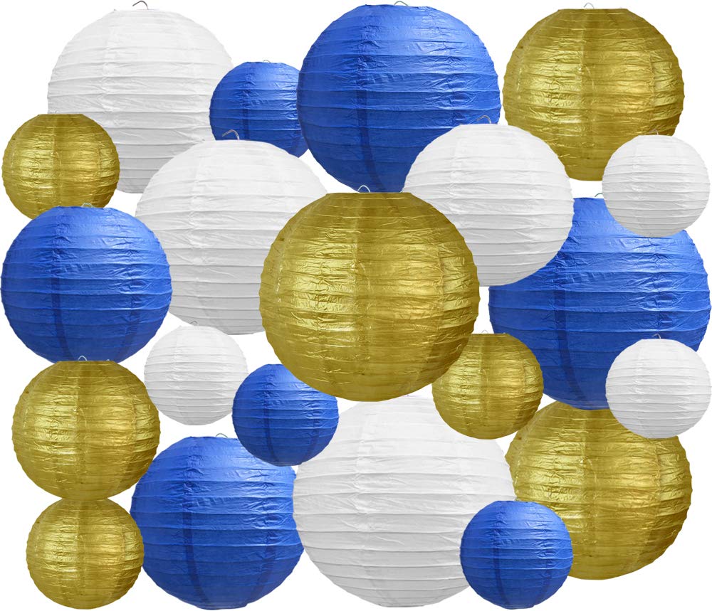 BEISHIDA 21 Pcs Paper Lanterns - Blue Gold White Round Decorative Hanging Lights for Birthday, Wedding, Graduation, Baby Shower Decoration