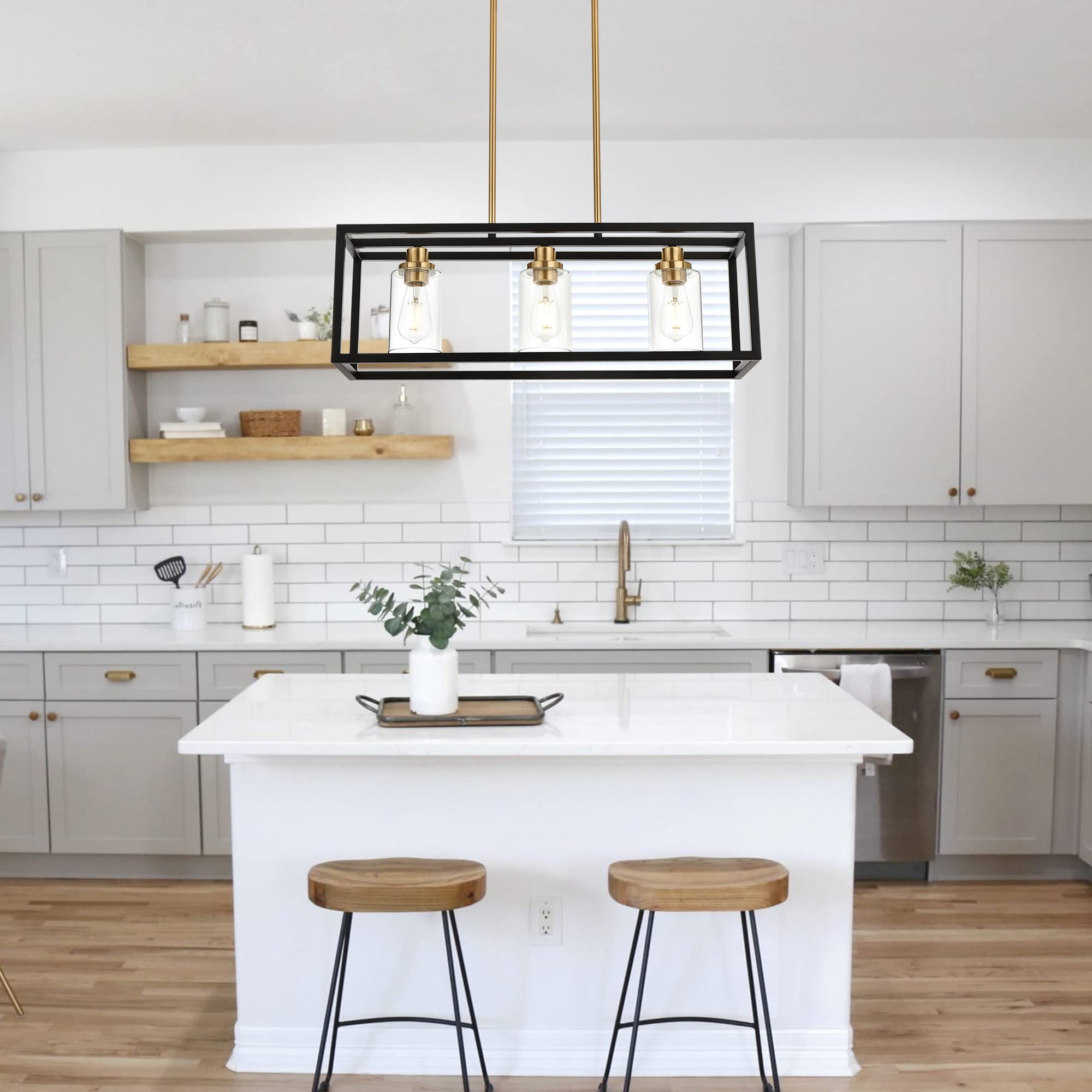 MELUCEE Modern Island Light, 3 Lights Linear Pendant, Black and Brushed Brass, 26 inches, Clear Glass Shade, E26 Base