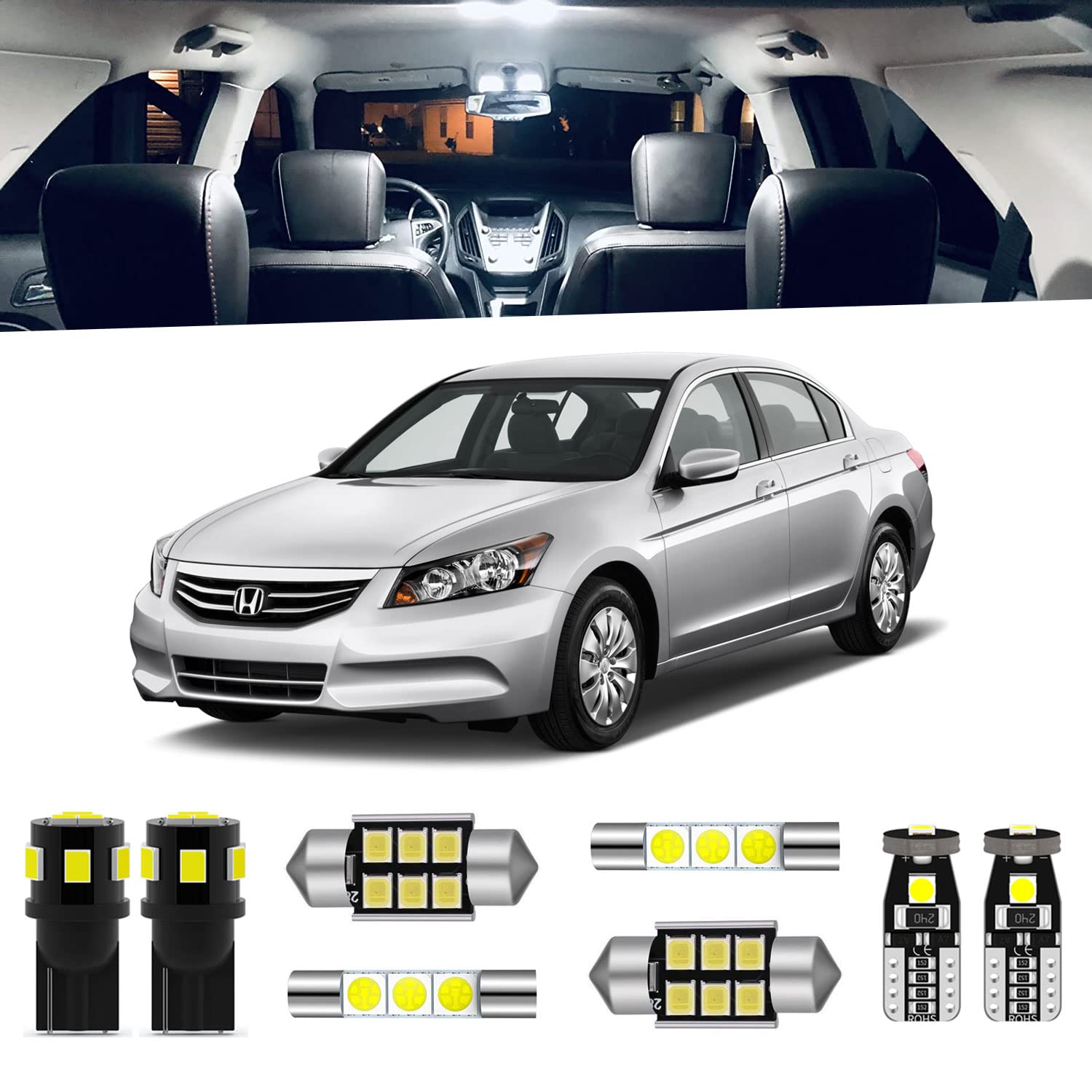 ENDPAGE 12-Pieces Accord LED Interior Light Kit for Honda Accord 2003 2004 2005 2006 2007 2008 2009 2010 2011 2012 White 6000K Interior LED Lighting Package + License Plate Lights, Install Tool