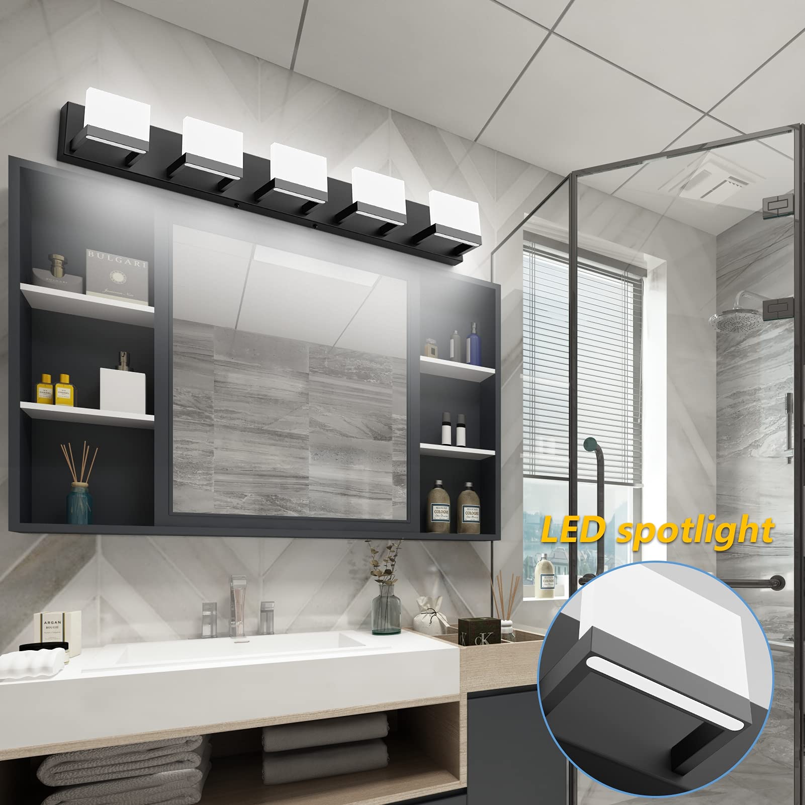 Tipace 5 Lights Modern Black LED Vanity Light Fixture, Matte Black, Model Ca-1103-5T, Up and Down Design for Bathroom Over Mirror