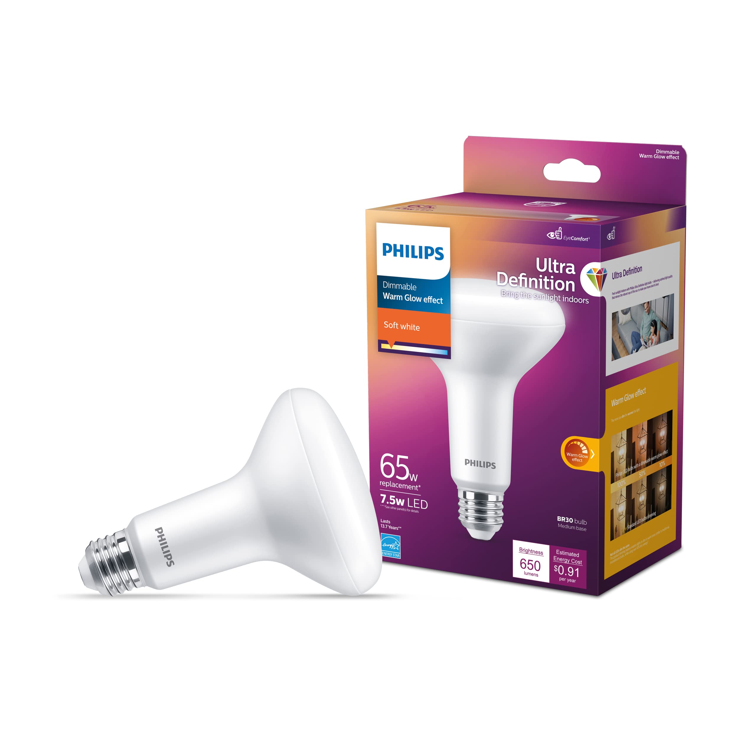 Philips LED BR30 Dimmable Light Bulb, EyeComfort, 650 Lumen, Soft White, 4-Pack, 7.5W=65W, E26 Base, Model