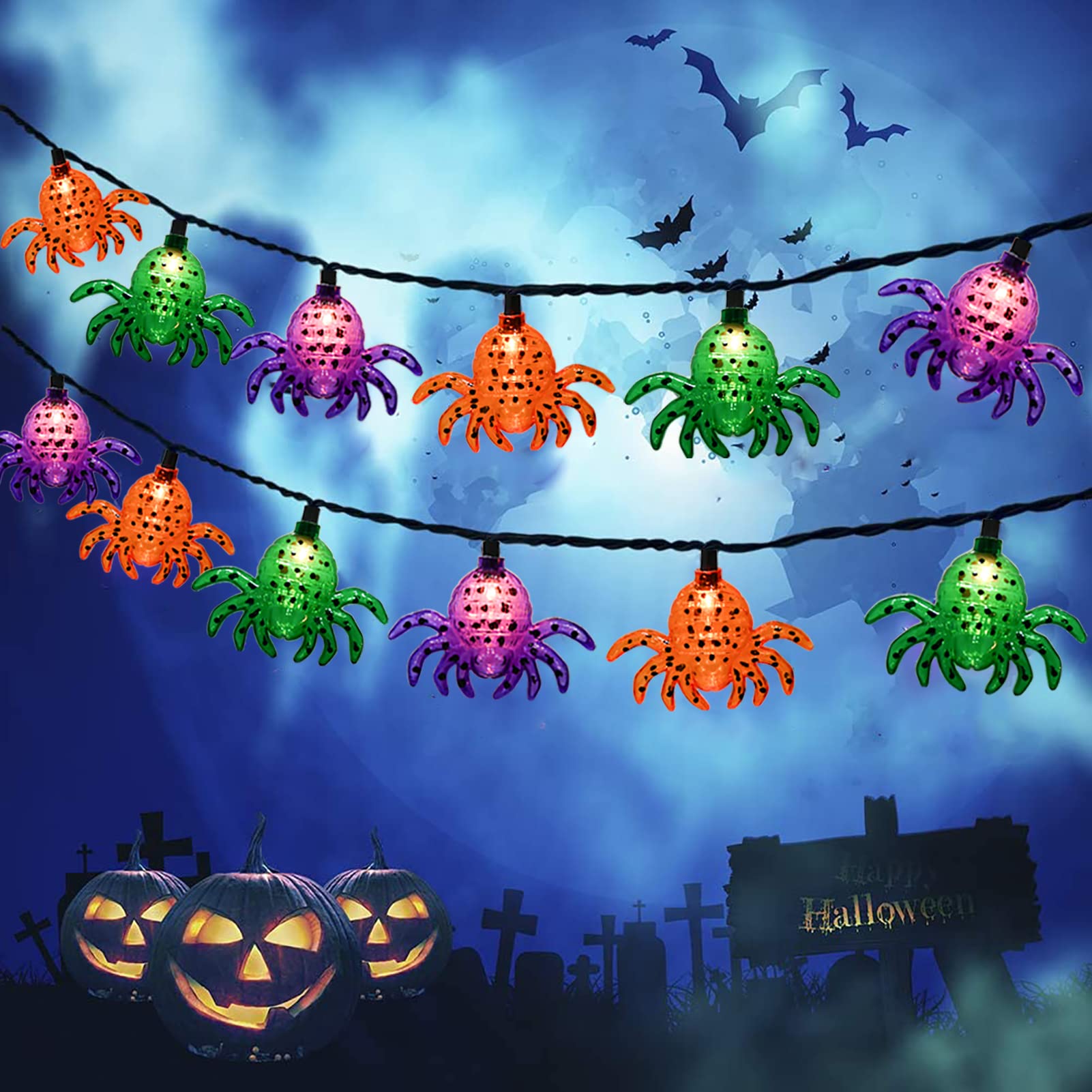 Oviejo Halloween Multicolor Spider String Lights, 8.5Ft Halloween String Lights With 10 Spider Lights, Spider Halloween Decor Lights For Patio, Garden, Gate, Yard, Halloween Decoration