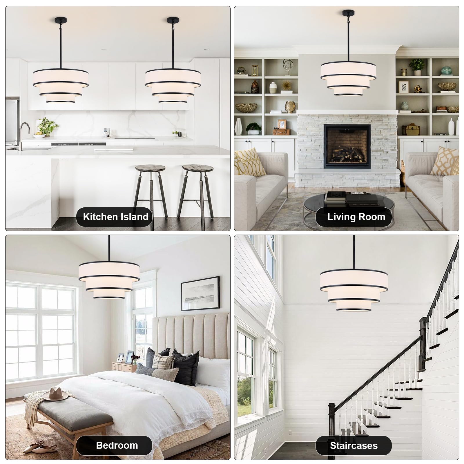 LWYTJO 3-Tier Drum Chandelier, 19.8in  White Fabric, 5-Light Pendant Light for Dining Room, Modern Farmhouse Design