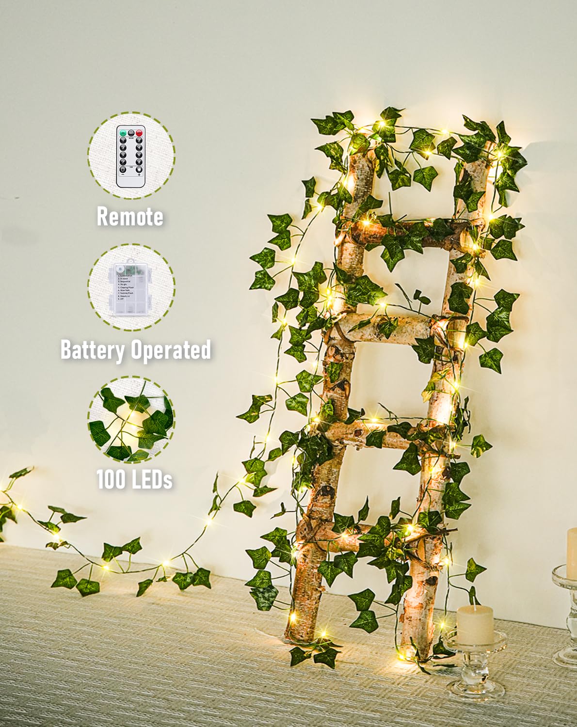 Jmexsuss 33Ft Vines With Lights Battery Operated, 100 Led Vine Lights For Bedroom With Remote, Ivy Vines With Fairy Lights Leaf Lights For Valentines Decoration Wall Room Birthday Party(Warm White)