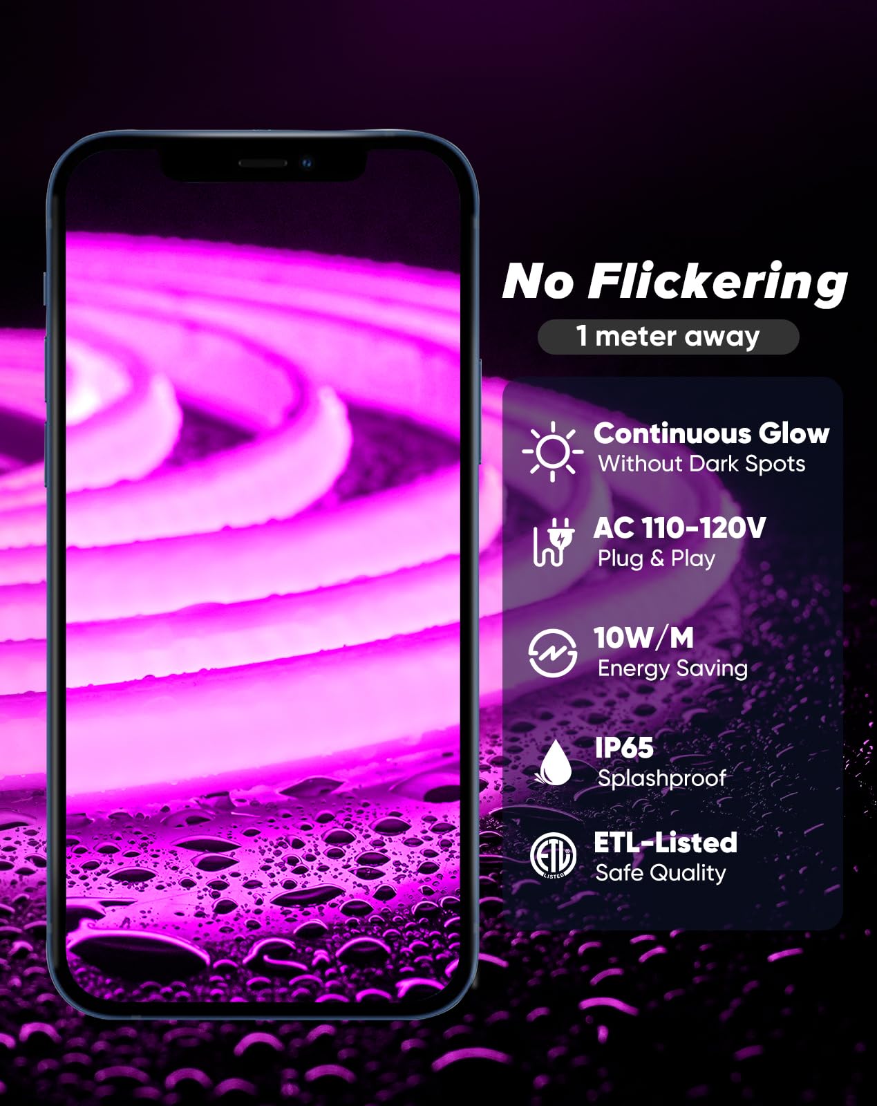 Shine Decor Cob Led Rope Light Ac 120V  800Lm Ultra Bright  Ip65 Waterproof Cold-Resistant Etl Neon Strip  No Driver Tape Lighting For Home Commercial 10X4.5Mm  Purple  50Ft