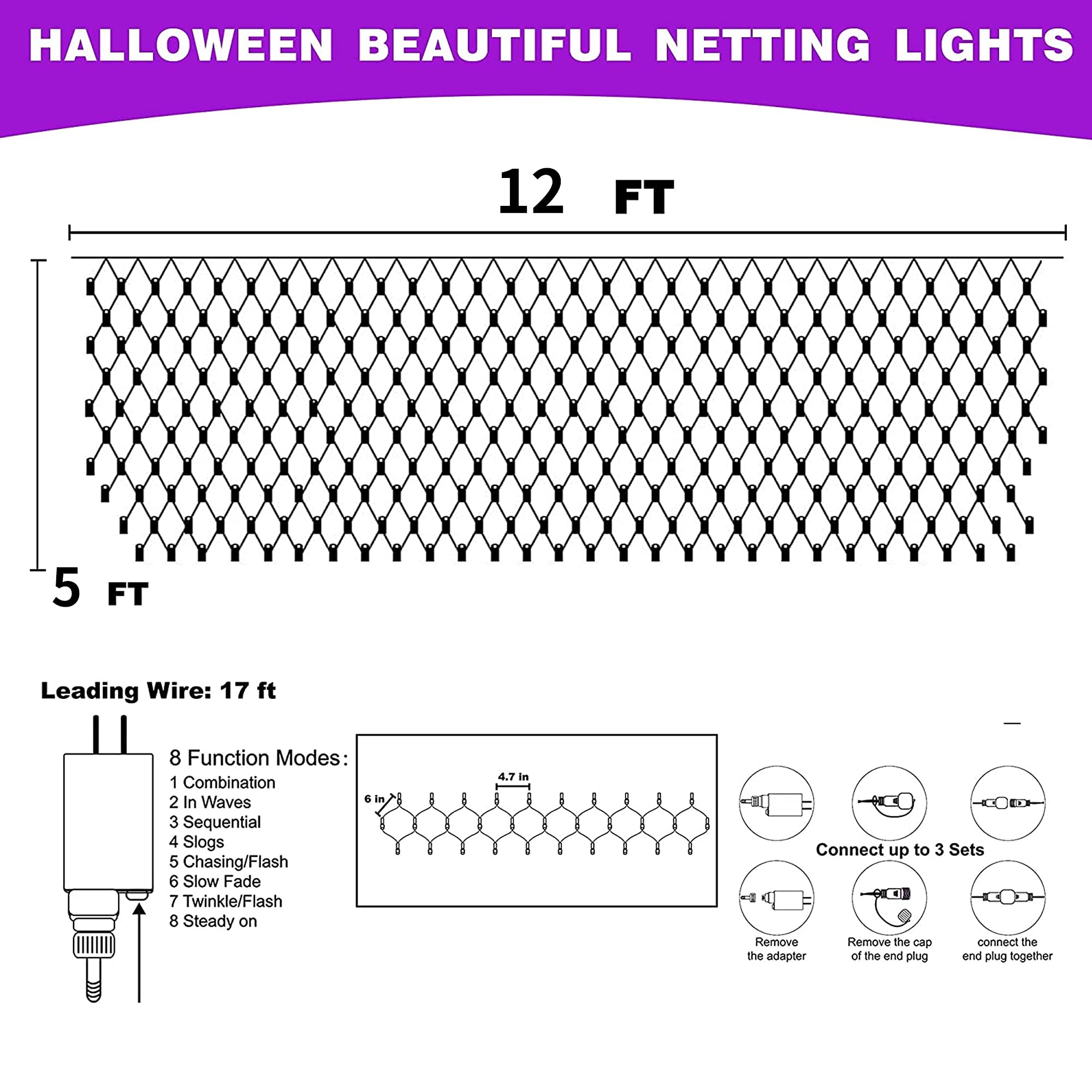 Funpeny Halloween 360 Led Net Lights, 12Ft X 5Ft, Waterproof, 8 Modes, Purple Orange Decor