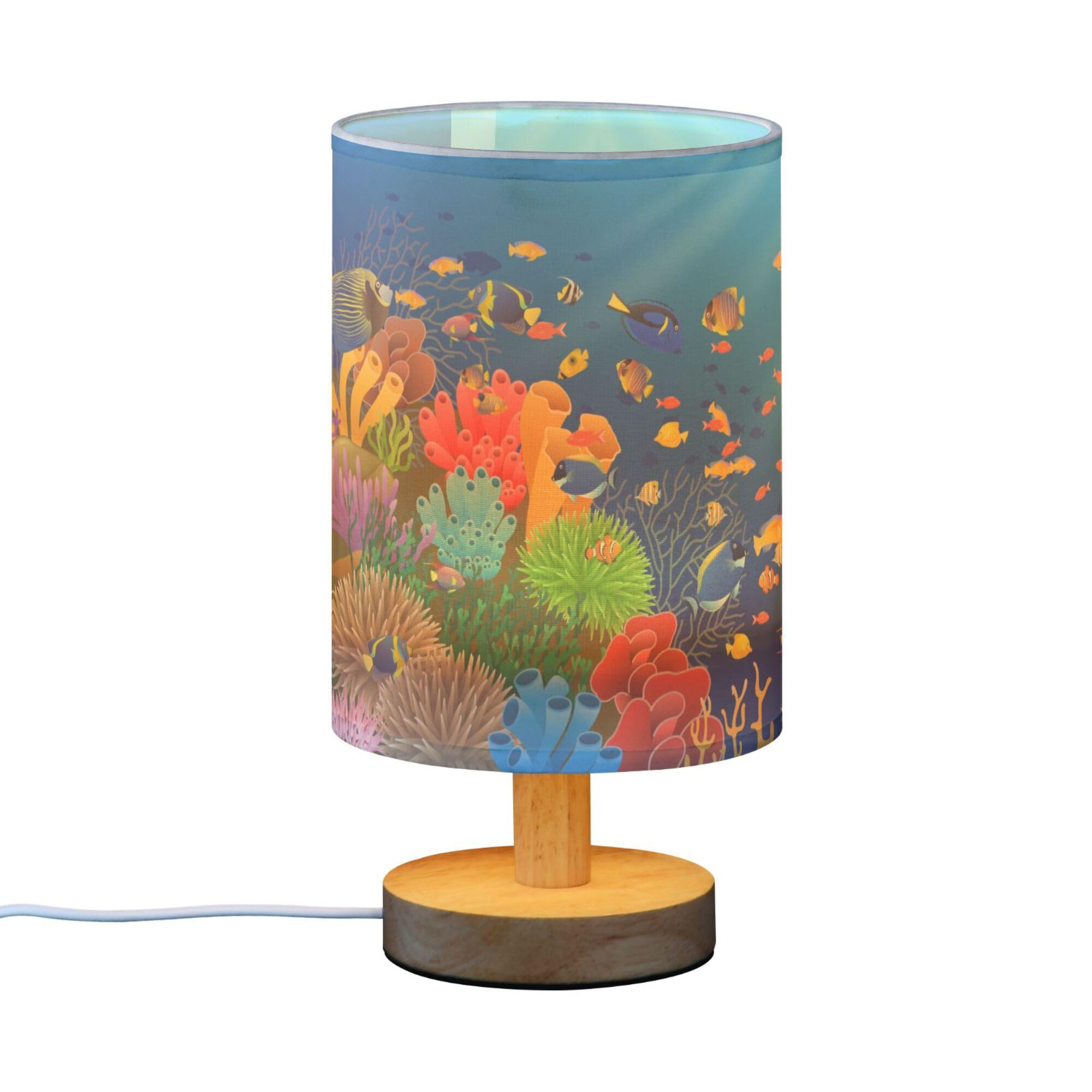 Yyzzh Table Lamp Underwater Sea Fish Coral Ocean Sunshine Nightstand Lamp With Wood Base Fabric Lamp Shade Bedside Desk Lamp For