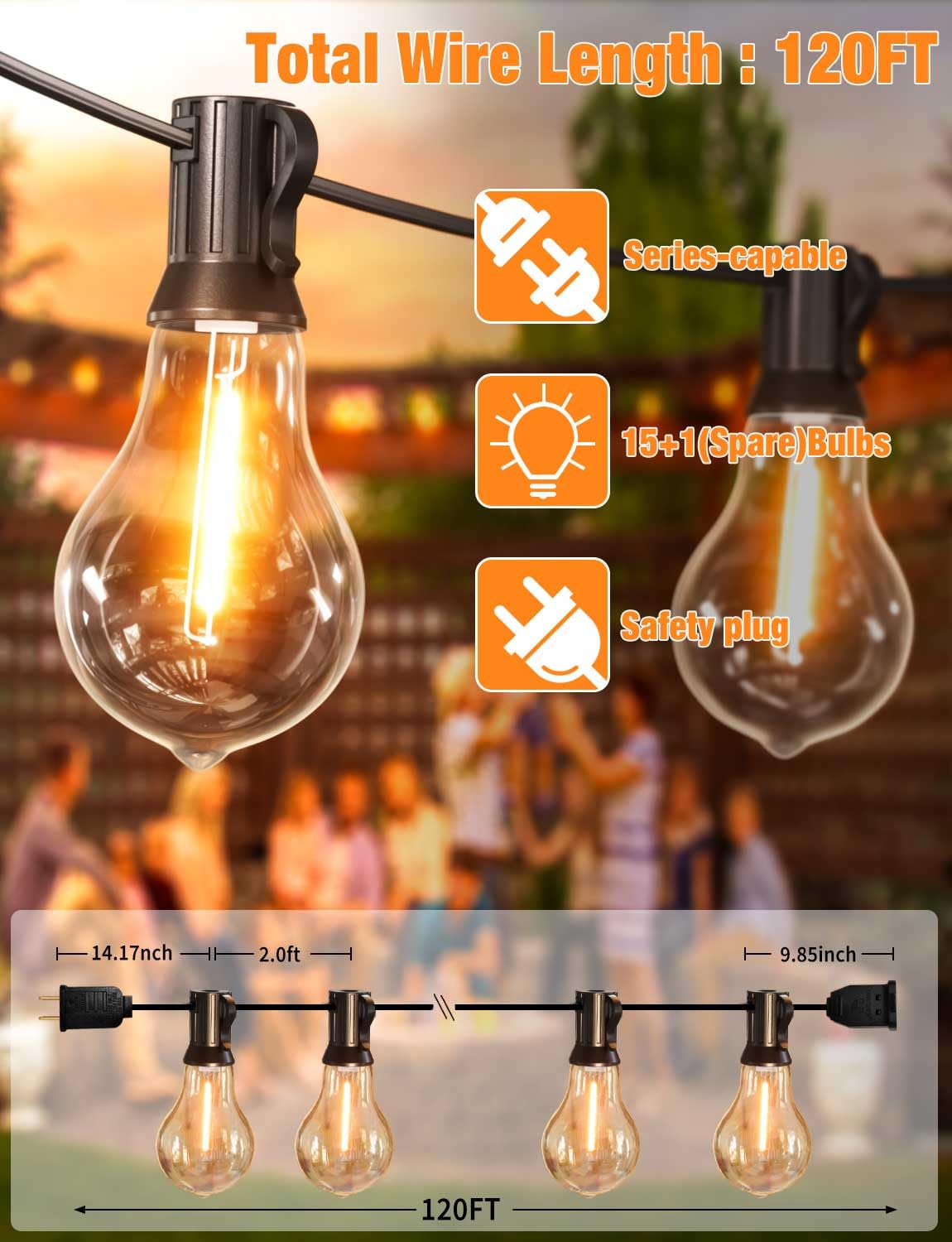 String Lights For Outside 120Ft Waterproof With 60+3Pcs A39 Shatterproof Edison Bulbs Outdoor String Lights For Patio, Yard, Caf