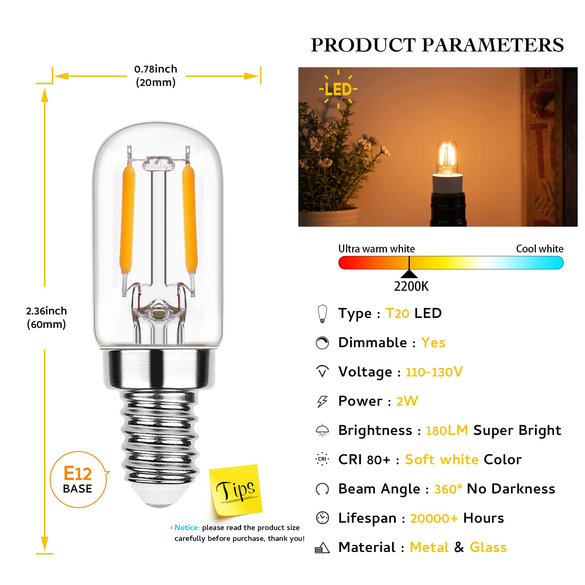 Sphoon Dimmable E12 Night Light Bulb 15W 20W Equivalent, T20 Salt Lamp Bulb, Mini Led Candelabra Bulb For Microwave Oven Refrige