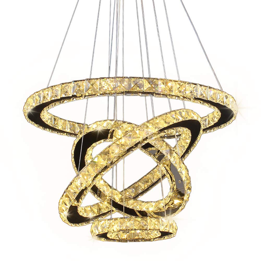 Modern Crystal Chandelier, Dining Room Living Room LED Ceiling Pendant Light Contemporary 4 Rings Adjustable Stainless Steel Lig