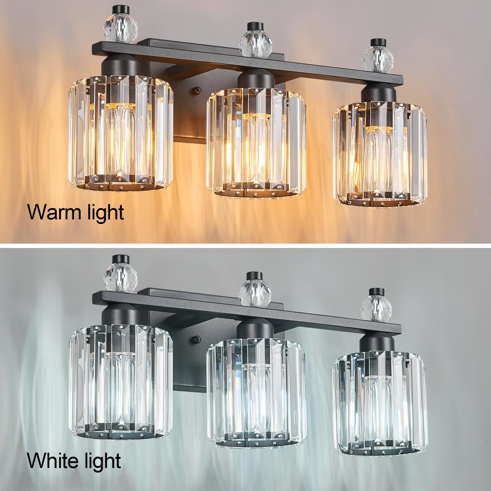 FDPBY 3-Light Bathroom Vanity Light Fixtures, Sand Black Round Crystal, Model 291