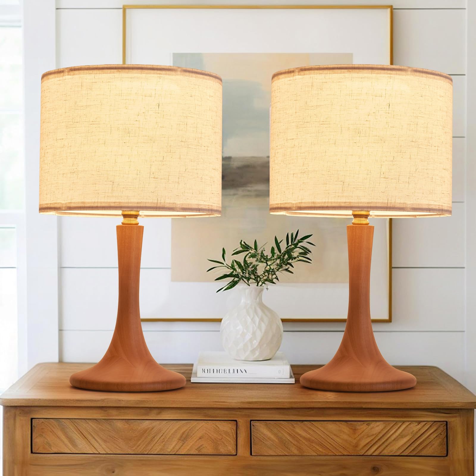 2 Pack Bedside Table Lamp for Bedroom  Nordic Plug in Fabric Shade & Solid Wood Base Desk Lamp  Plug & Play Red Wood Color Nightstand Lamp for Living Room  Office  Switch Power Cord?Bulb Not Included?