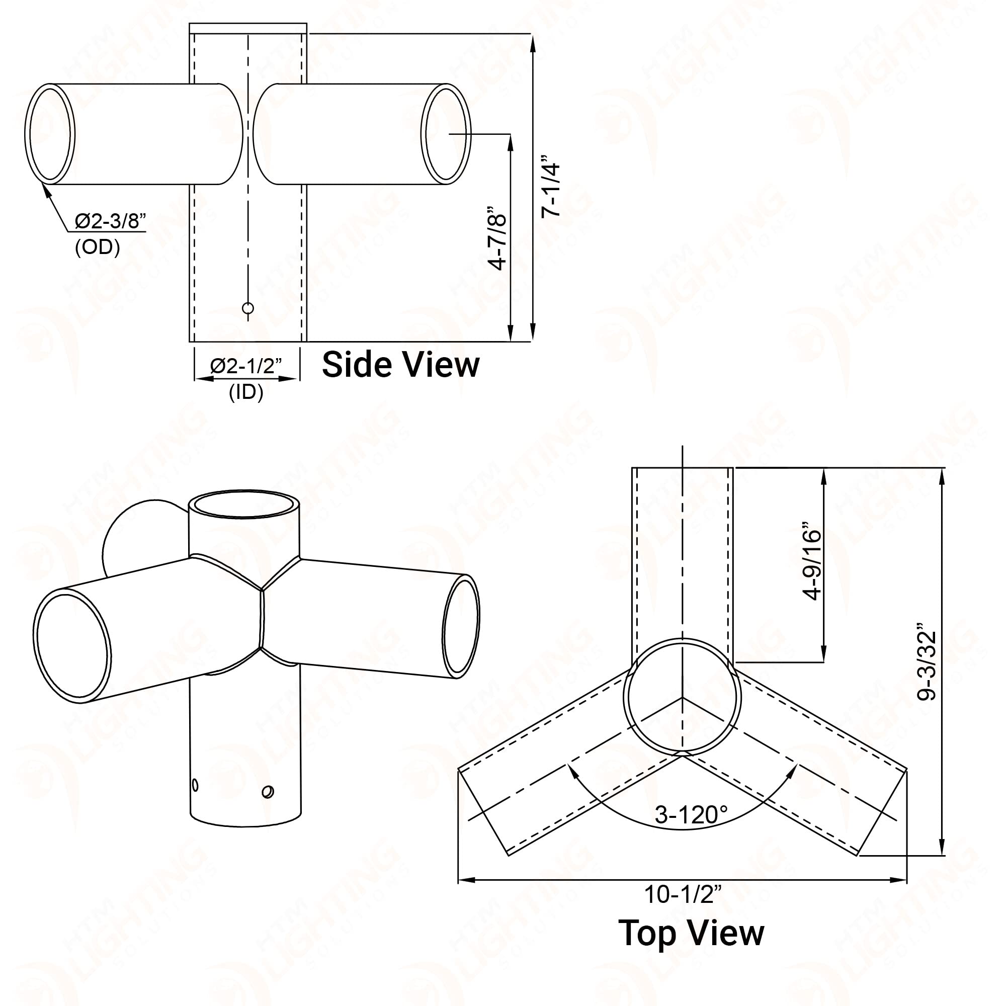 120 Degree Triple Pole Light Mounting Bracket, 2-3/8In Pole Mount Horizontal Arm Tenon Adapter For Parking Lot, Area, And Street
