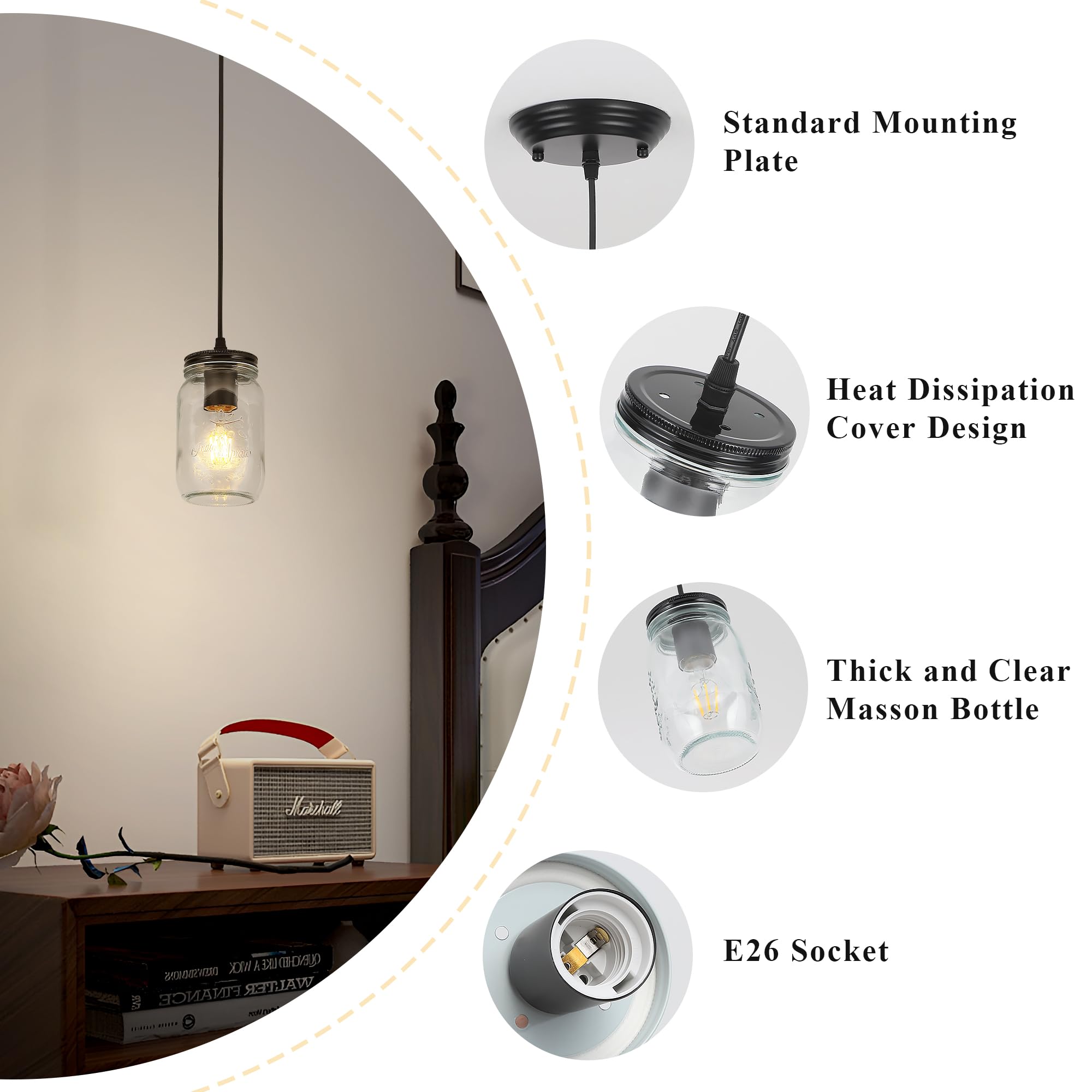 UShe DHome Glass Pendant Light Fixture, 1-Light Black with Clear Glass Shade, D 3.5in for Kitchen, Dining Room, Hallway