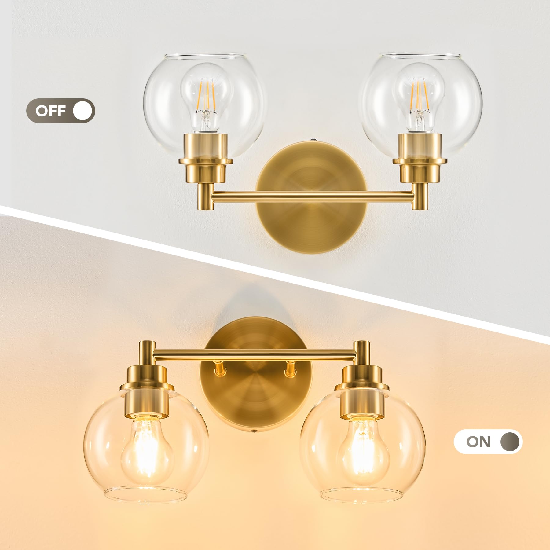 Vonluce Bathroom Light Fixtures - 2-Light Vanity Light With Globe Glass Shades, Gold Finish, Suitable For Bedroom, Hallway, Livi