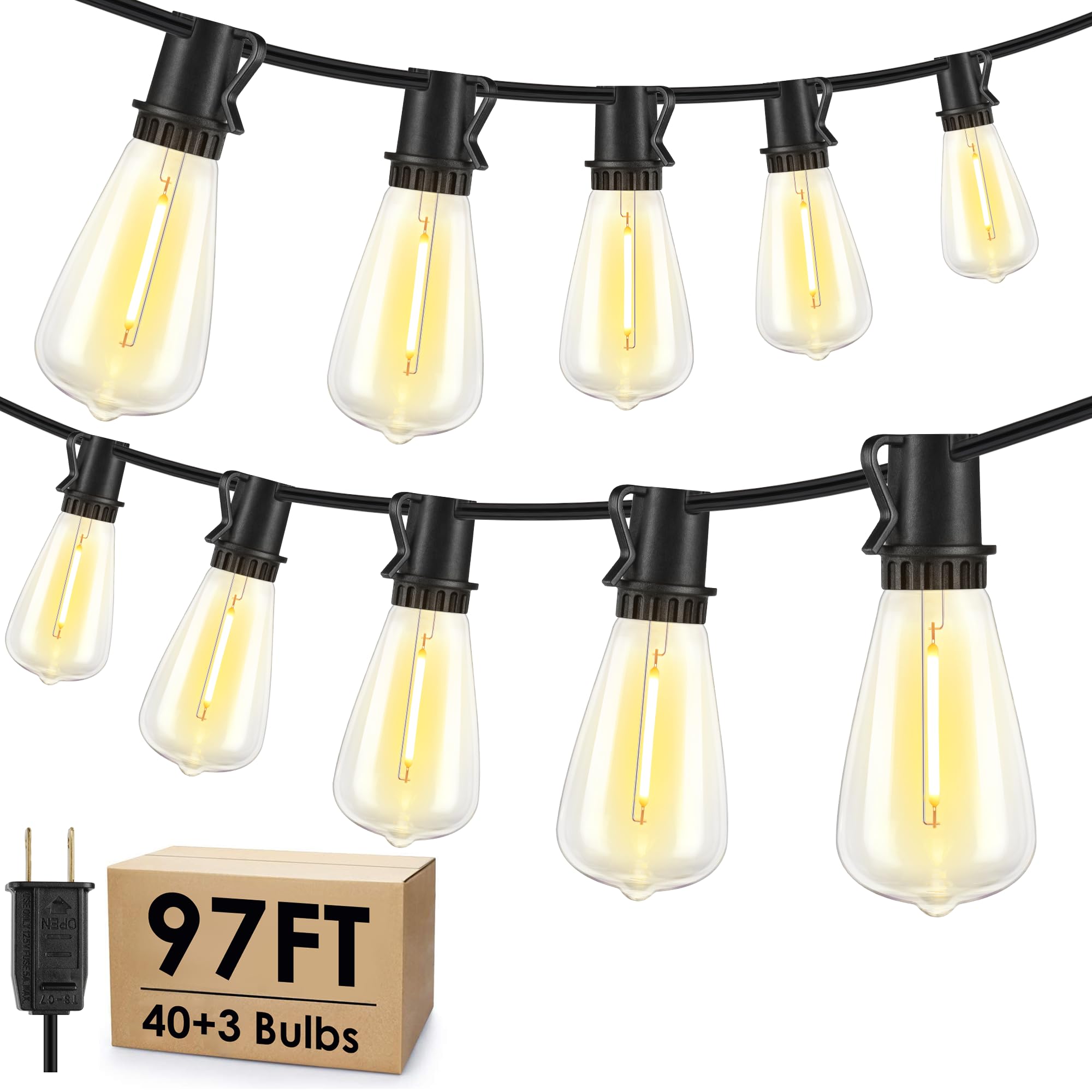 Larkvue 97FT Outdoor String Lights, Patio Lights with 40+3 LED Dimmable Waterproof Decorative ST38 Edison Bulbs for Room Gazebo 