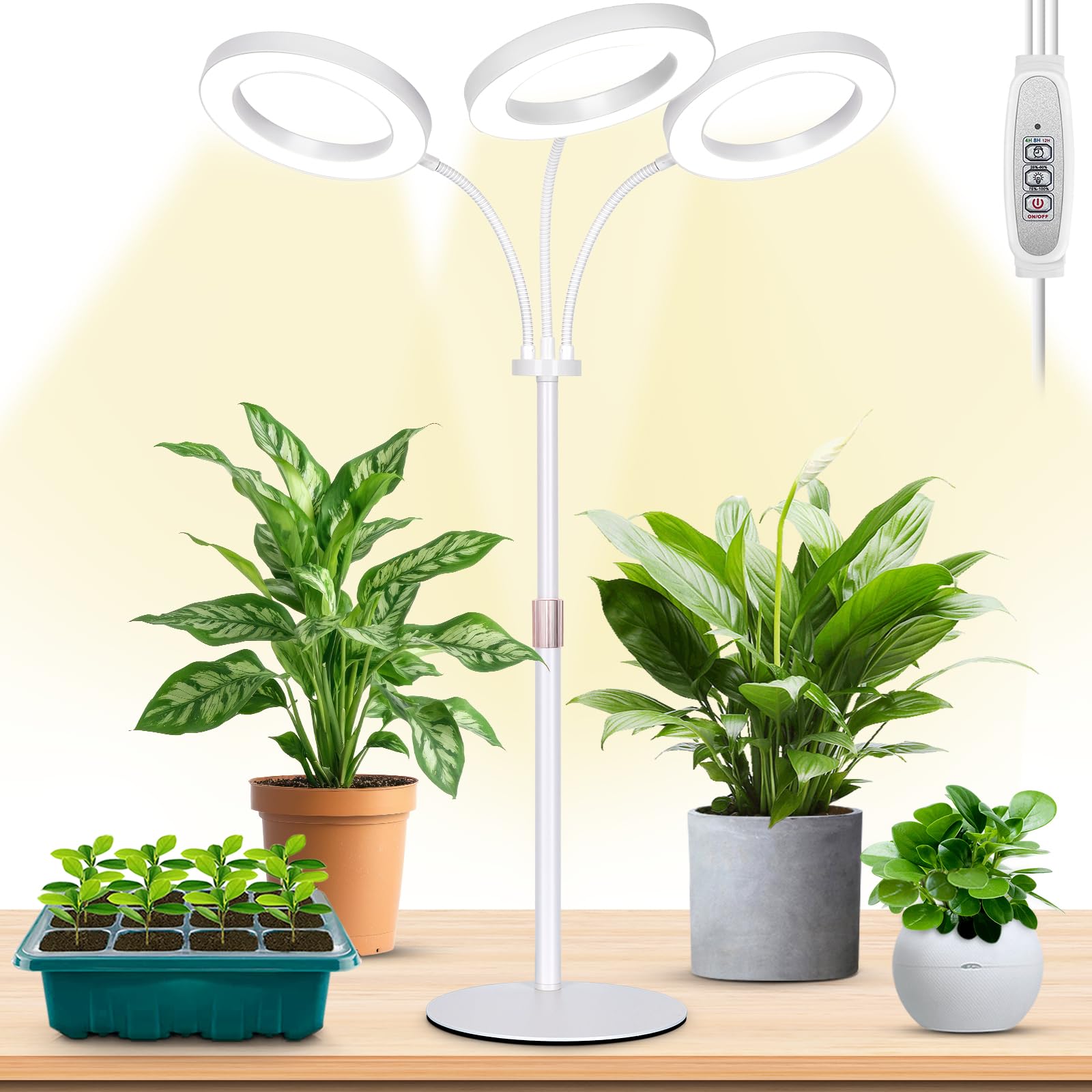 Lbw Halo Plant Grow Light, Tri-Head Desk Grow Light For Indoor Growth, 72X3 Leds Full Spectrum Grow Lamp With 4/8/12H Auto Timer, 4 Brightness Levels, Height Adjustable, Ideal For Indoor Plants, White