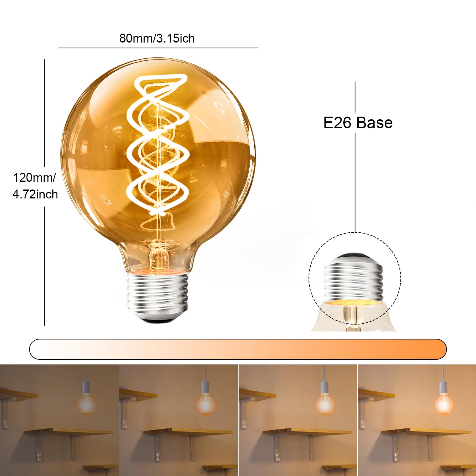 Bosite G80 Vintage Edison Light Bulbs Dimmable 4W (40W Equivalent) Led Filament Bulbs Warm 2200K Cri80+ E26 25000Hours Decorativ