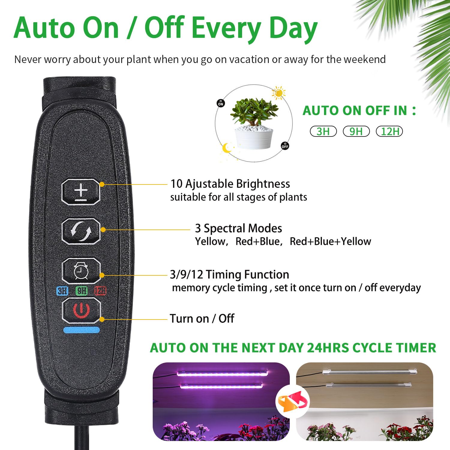 Rwntao Two Strip Growing Lamp For Indoor Plants, Red & Blue & Yellow Full Spectrum Led Grow Light Strips With Auto On/Off 3/9/12H Timer,10 Dimmable Levels For Green House Succulent (13 In)