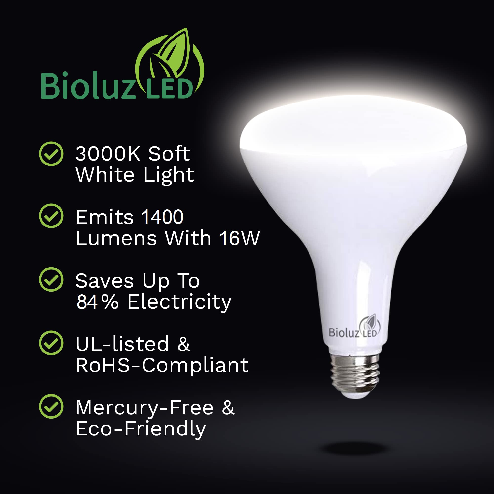 Bioluz Led 4 Pack Brightest Br40 Led Bulbs 90 Cri Instant On Soft White 3000K 16W = 120W Replacement Bulb 1400 Lumen Indoor/Outdoor Smooth Dimmable Lamp Ul Listed Title 20 Compliant