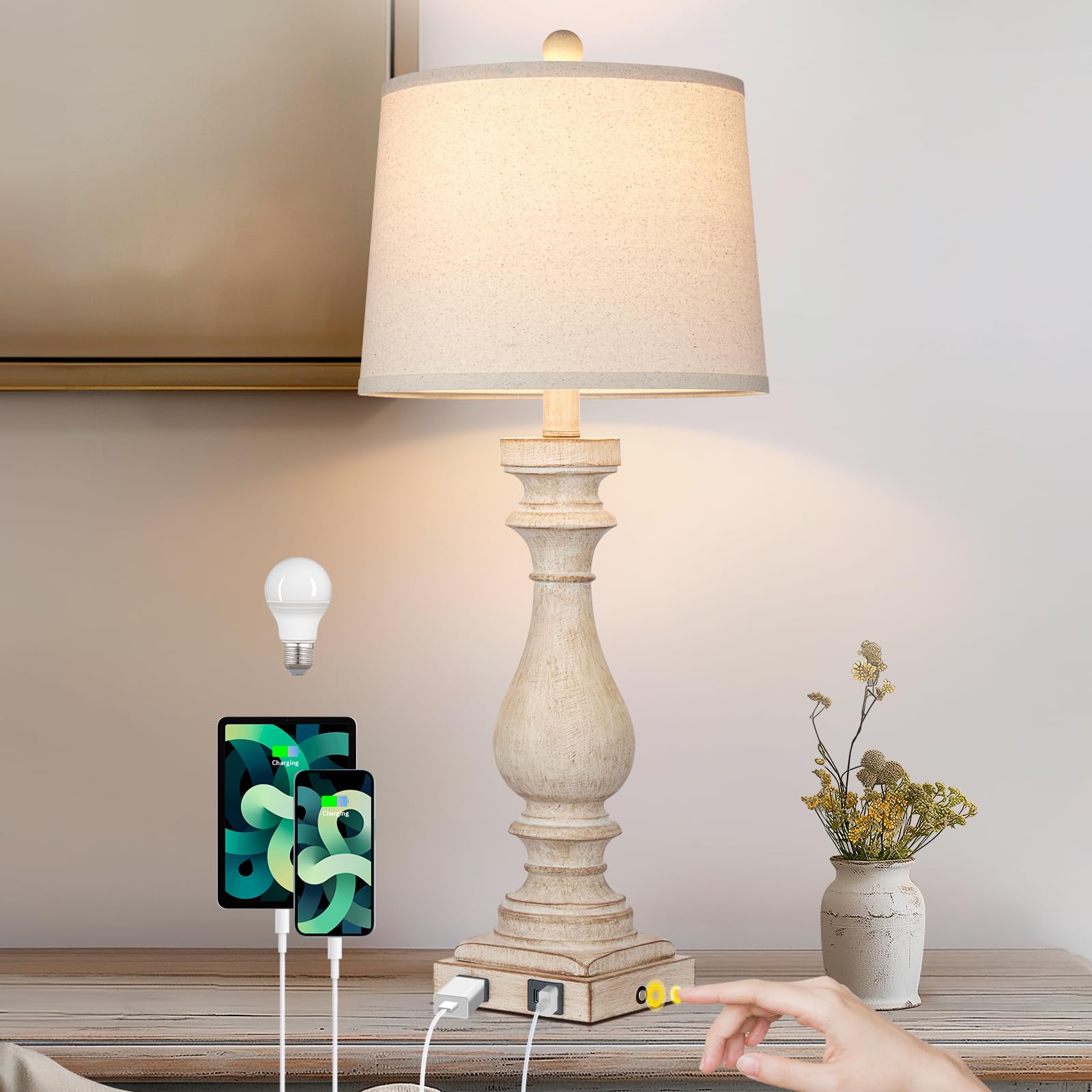 Cinkeda 27.5in Tall Farmhouse Lamp, 3-Way Dimmable Touch Control, USB Charging, Beige, Model TD-CK-206-1PK