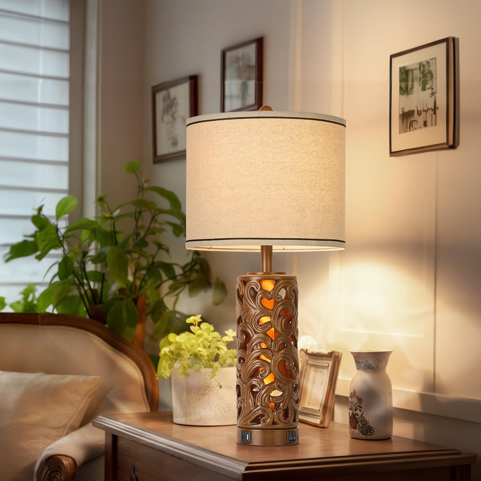 AIDENOEY 3-Way Dimmable Touch Control Table Lamp Set of 2, Vintage Walnut Finish, USB Ports, 27.5in H, Model HYZCQT002