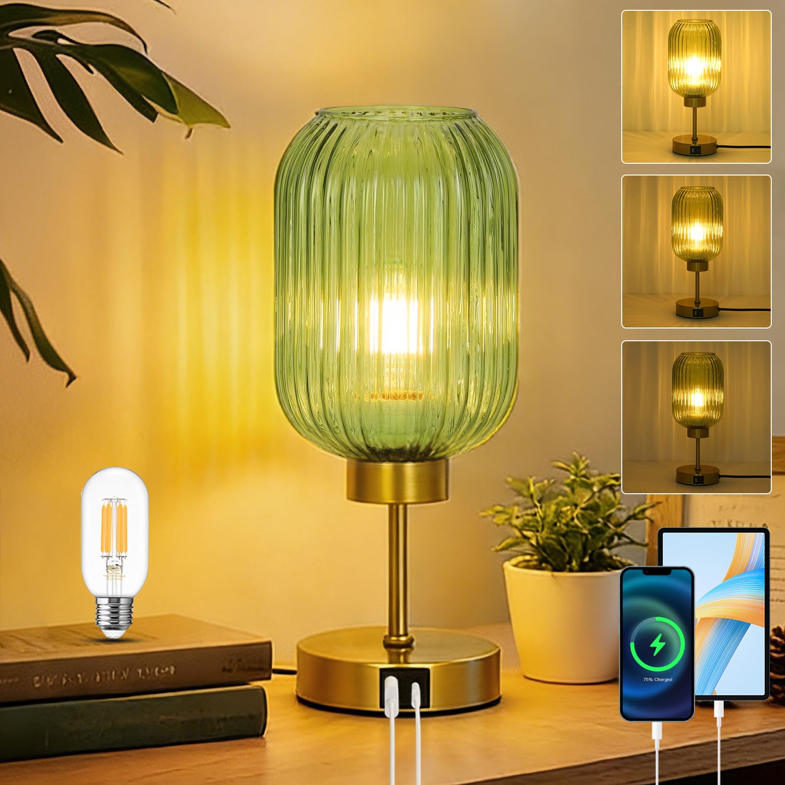 LAMSU Vintage Table Lamp for Bedroom with Bulb  Small Green Glass Beside Lamp with USB Ports  3 Way Dimmable Gold Desk Lamp  Mid Century Modern Nightstand Lamp for Living Room  Office  Home Decor