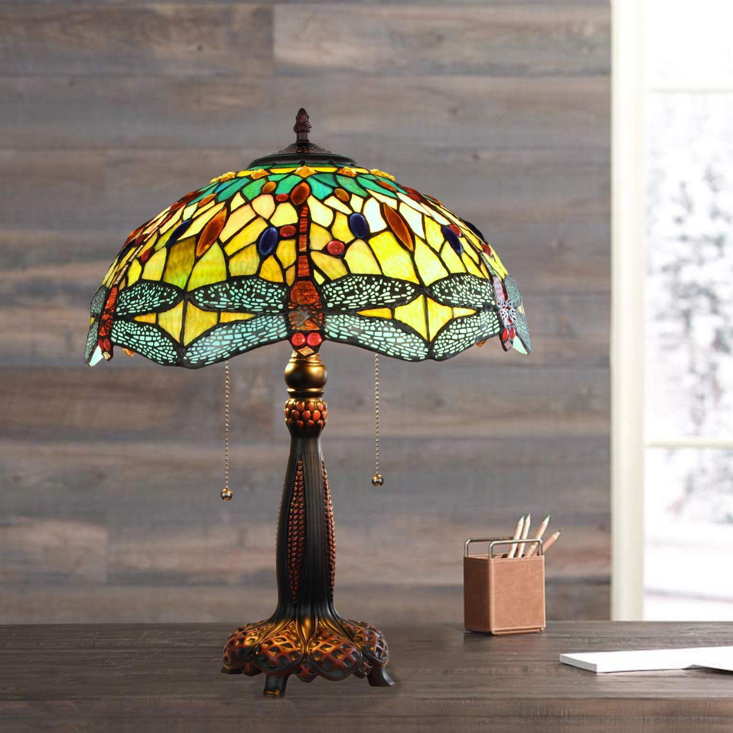 Chloe Lighting Empress Dragonfly Tiffany-Style Table Lamp, Dark Bronze, 16in Wide, Multicolor, Model CH3T471GD16-TL2