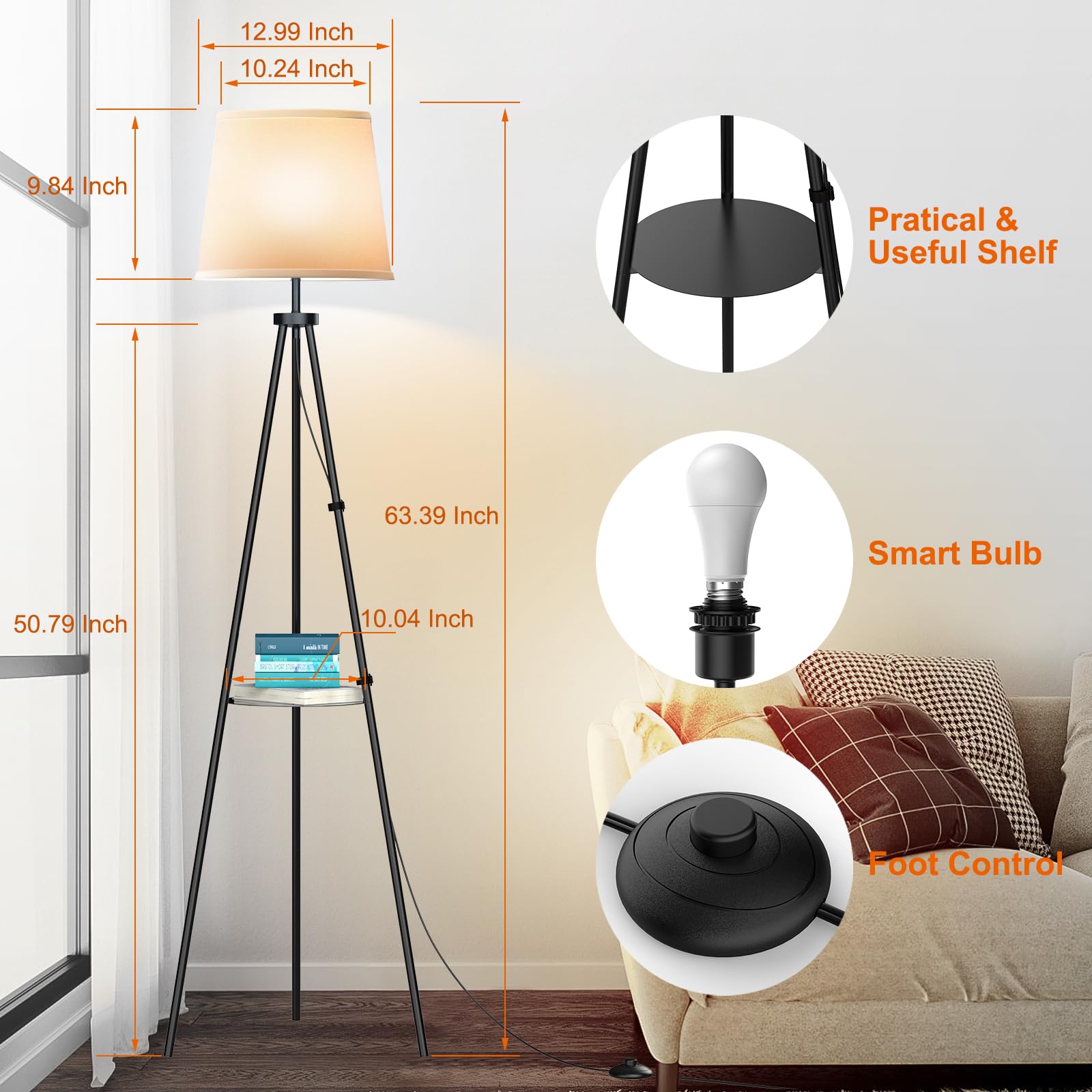 Tripod Floor Lamp, Moden Stand Up Lamp, Dimmable Standing Tall Lamp For Living Room Bedroom, Wifi Smart Rgb Light Compatible Wit