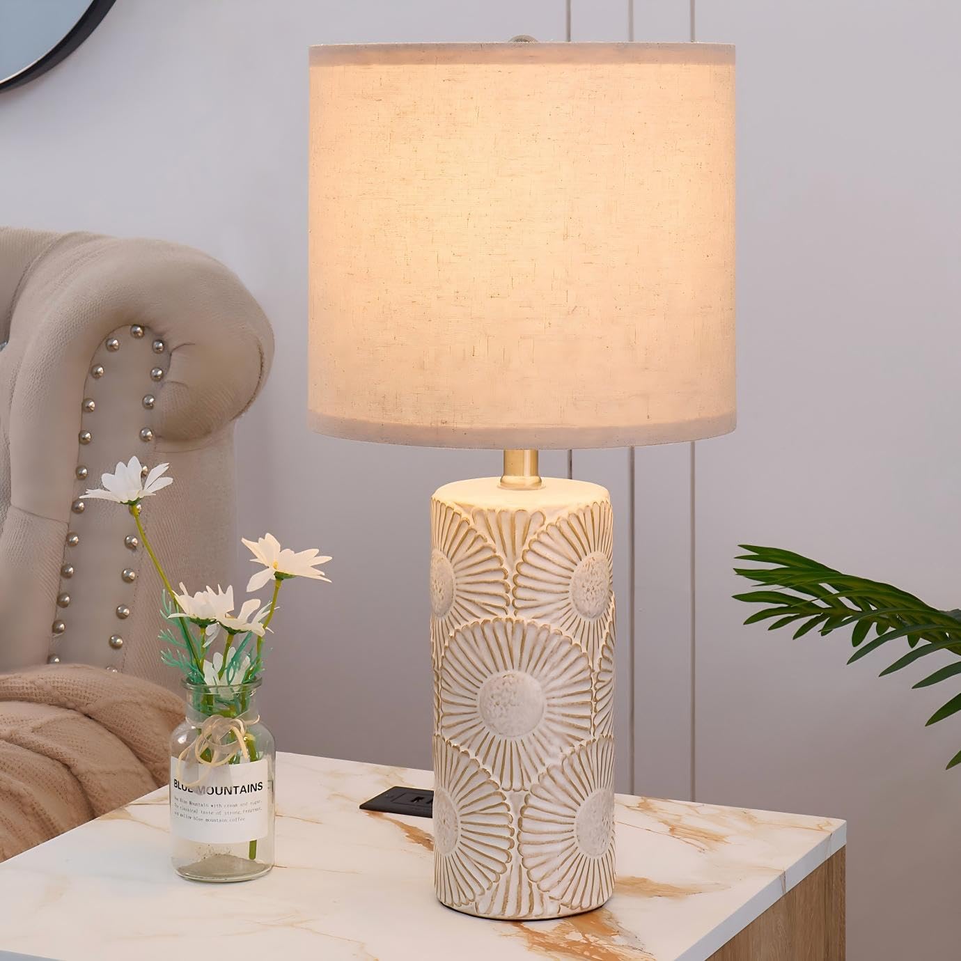 Dggdome 20.75'' White Lamps Set Of 2 For Living Room, Flower Table Lamps For Bedroom Set Of 2, Farmhouse Ceramic Lamp For Consol