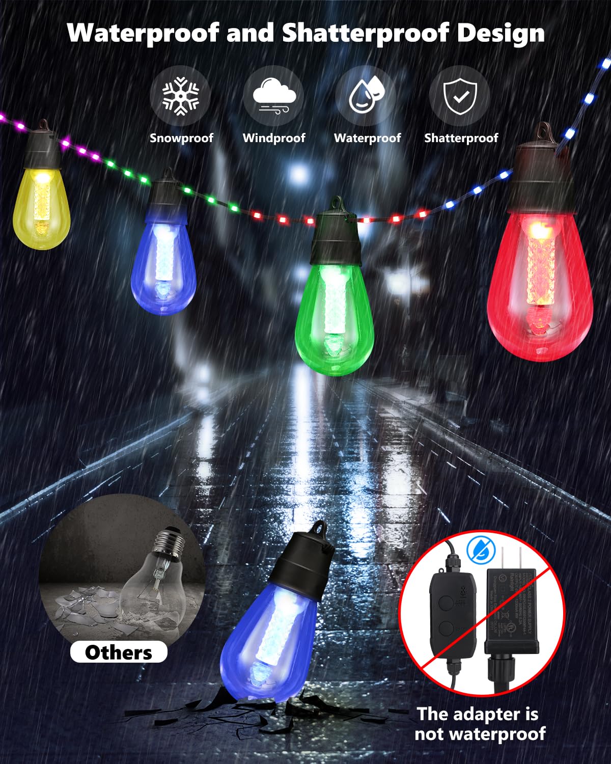 Flacchi Smart S14 Outdoor Patio Lights - 46ft Waterproof Bluetooth RGB & Warm White String Lights for Parties and Holidays