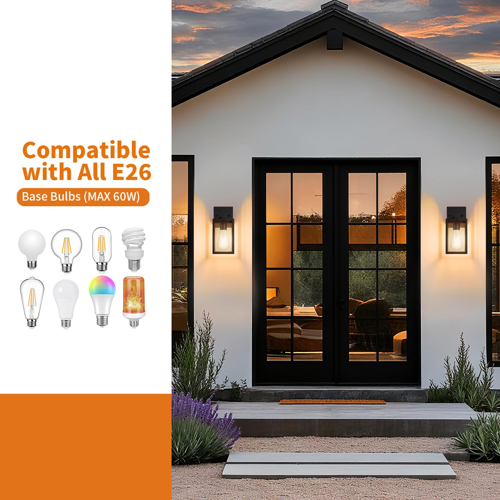 FNYUSLET Outdoor Wall Mount Light Fixtures, Waterproof Black Aluminum Lanterns, E26 Socket, 10.24'' - 2 Pack