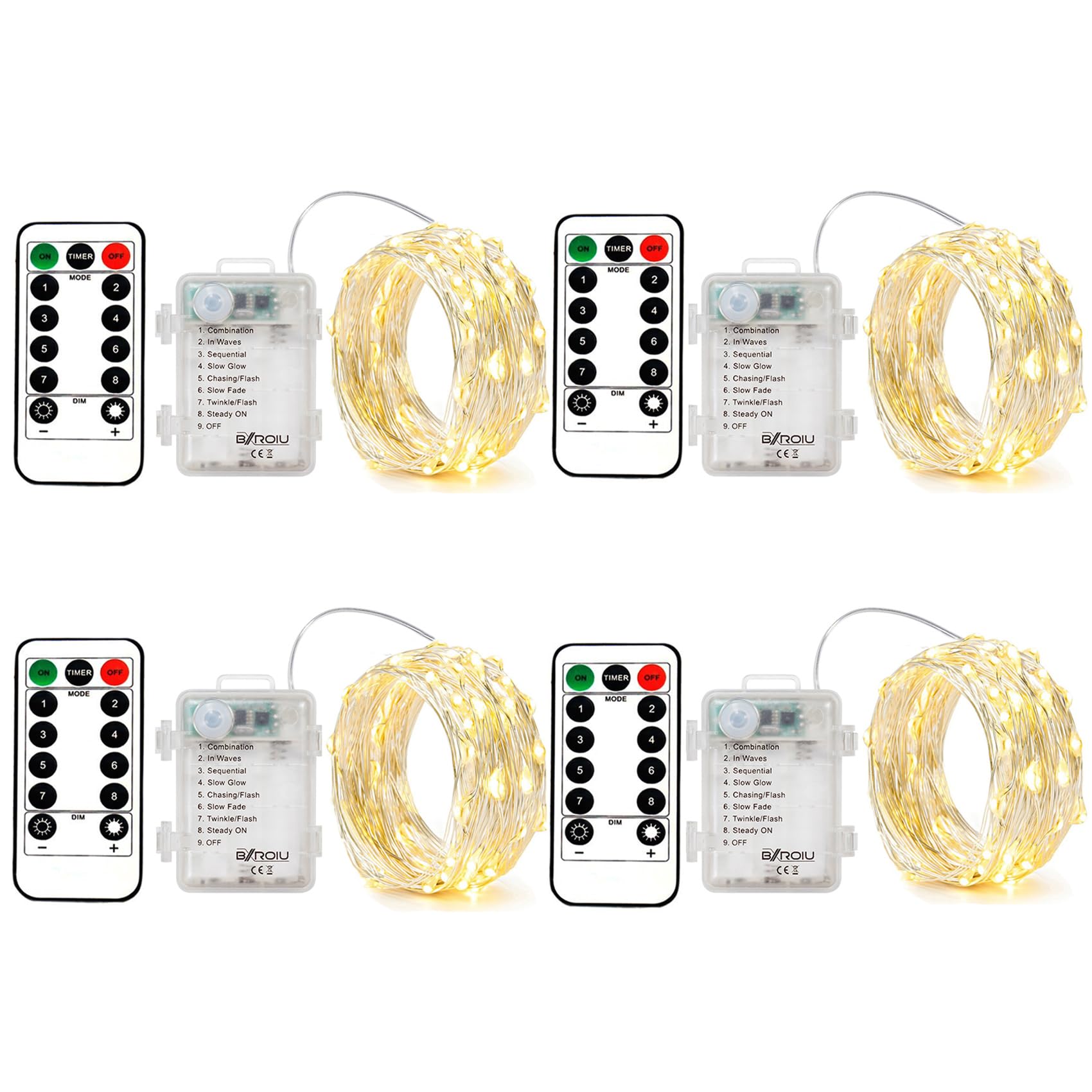 BXROIU 4 Pack Battery Operated Fairy String Lights  8 Modes 5M Silver Wire with Remote & Timer - 50 LEDs Waterproof for Bedroom  Wedding  Christmas  Party Decorations