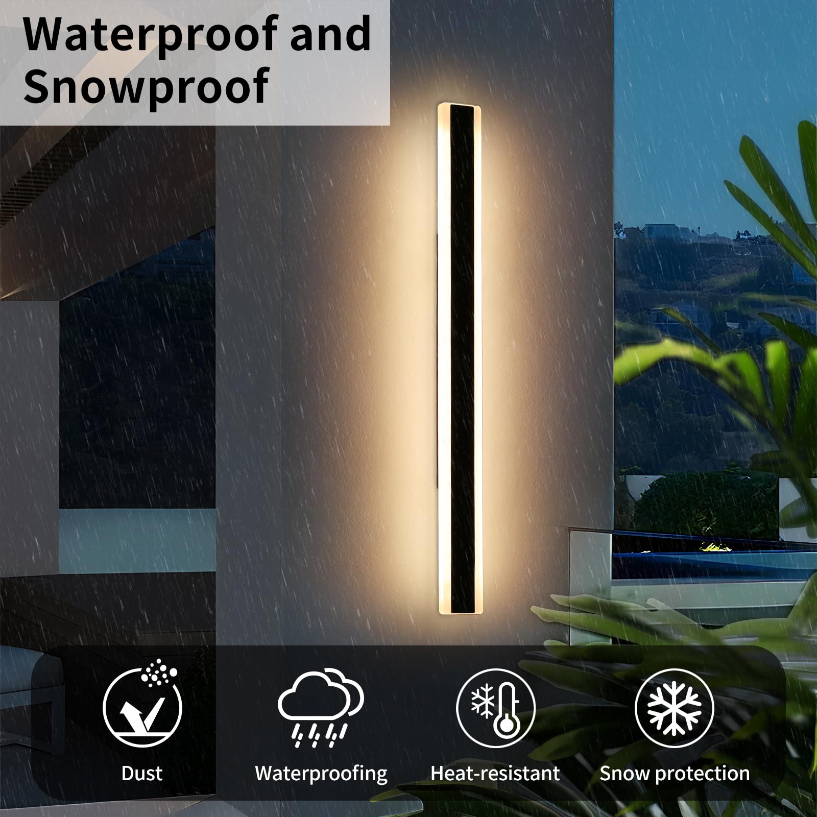 Daoseolo 57-Inch Dimmable Linear Wall Sconce, IP65 Waterproof Black Outdoor Light, Model TC-FTBD-1112
