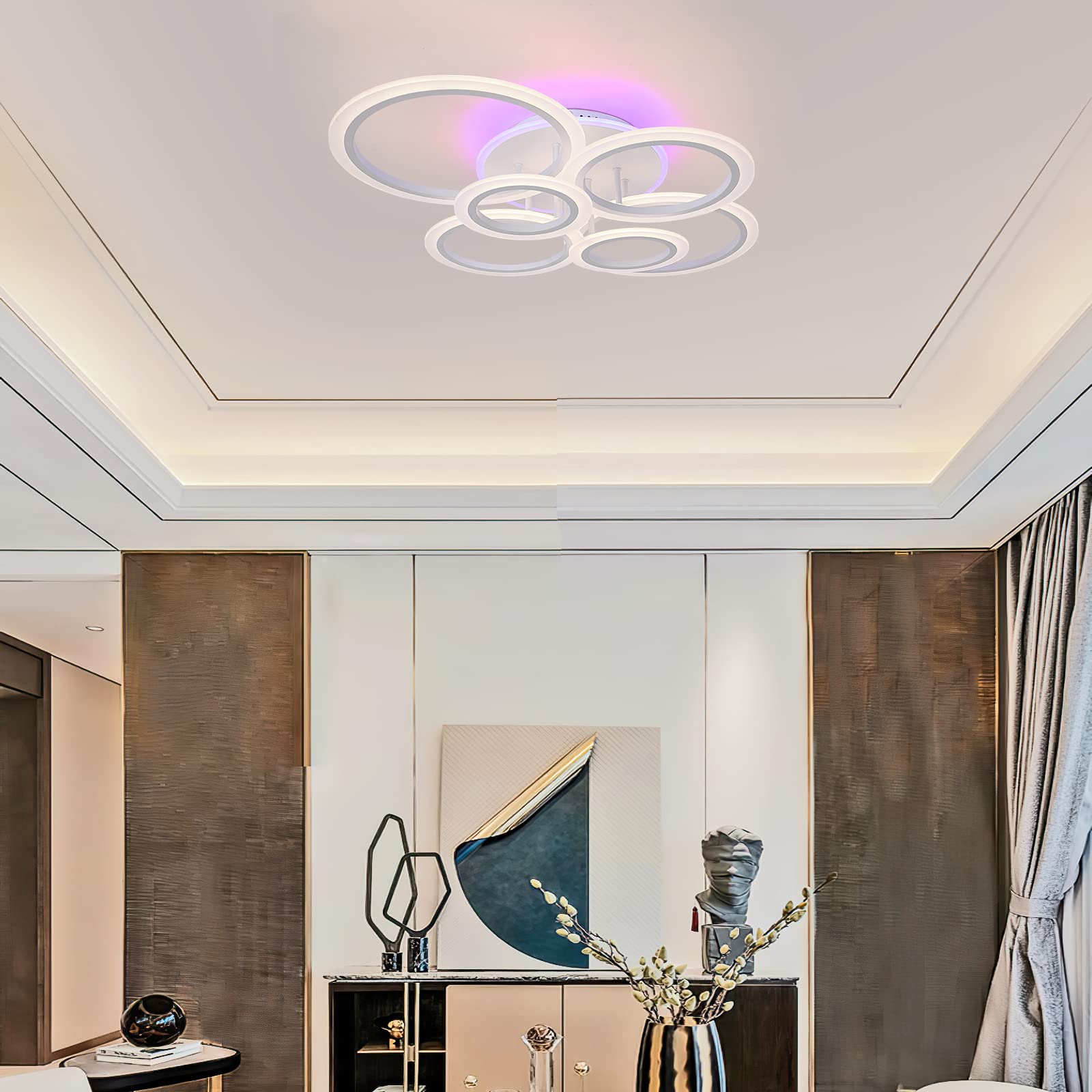 Stch Modern Led Flush Mount Ceiling Light Dimmable 80W, Ceiling Light Fixture With Remote, White 6 Rings Lighting Fixture Ceilin