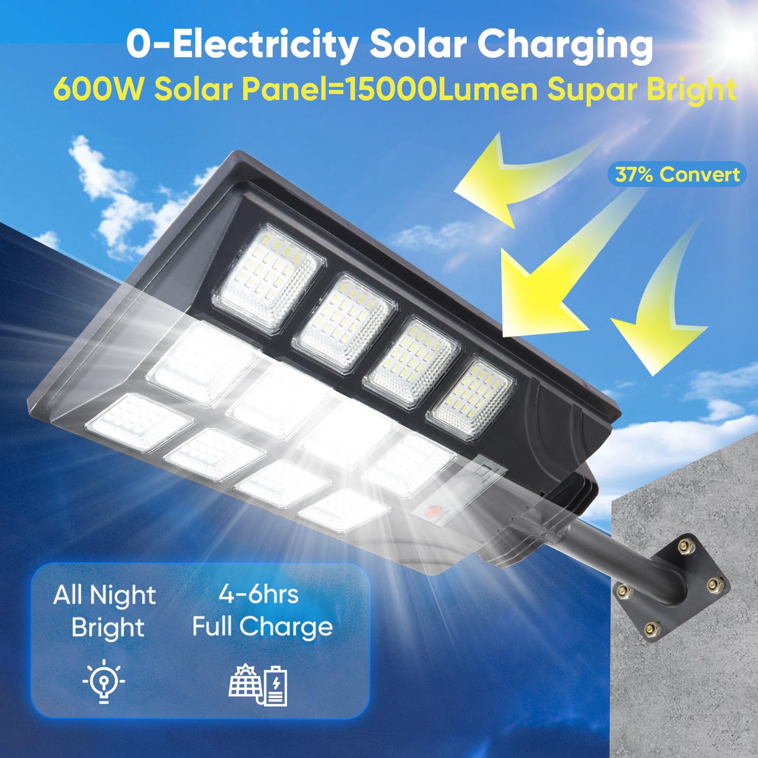 Easebri 2pcs Solar Street Lights 600W 15000LM Waterproof Dusk to Dawn Motion Sensor for Outdoor Parking Lot, Black