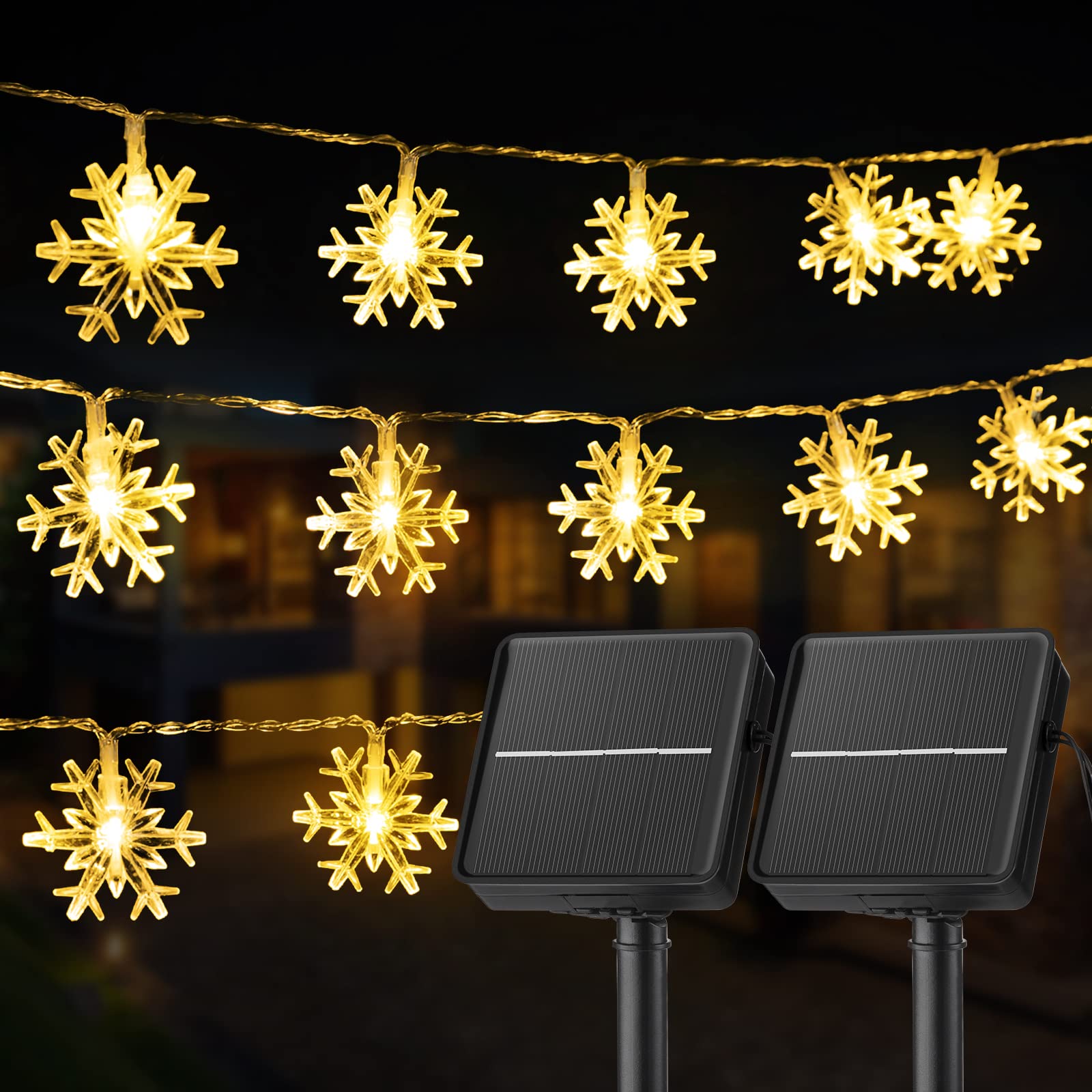 Brightown Solar Christmas Snowflake String Lights 2-Pack 100 LED 78FT Outdoor Waterproof Fairy Lights with 8 Lighting Modes for 