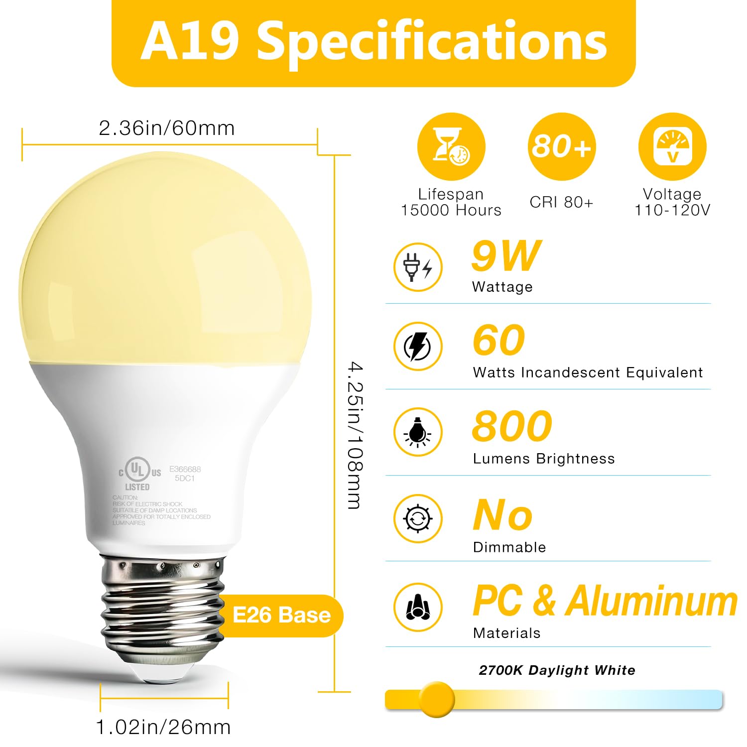 Dalattin 12 Pack A19 Led Bulbs,9W Equivalent 60 Watts,E26 Base,Soft White 2700K, 800 Lm, Non-Dimmable, Efficient Energy Saving Lights For Living Room,Office,80+ Cri,120V, Ul Listed