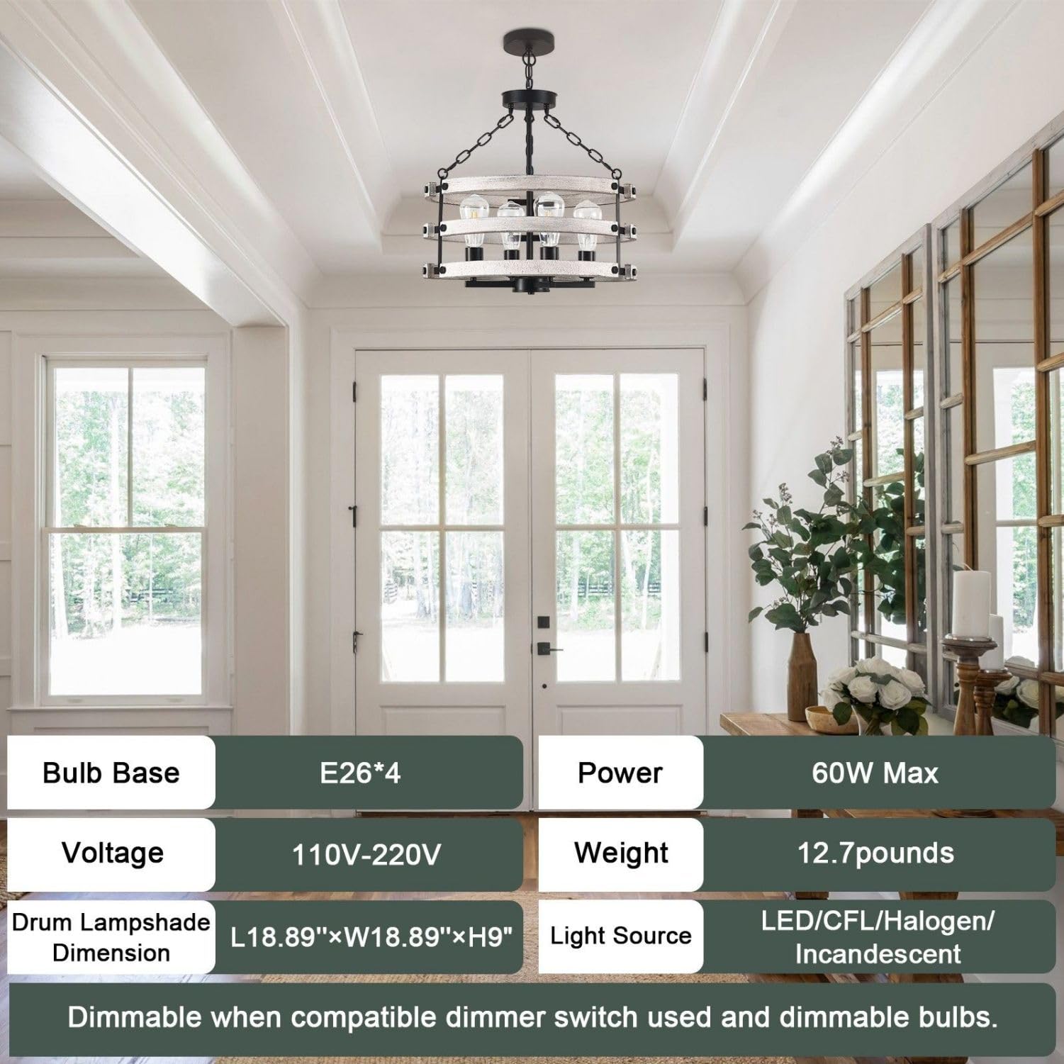 Luupyia Rustic Farmhouse Chandelier, 18.89" White Drum Pendant Light, 4 Lights E26, Vintage Metal Fixture for Dining Room & Entryway