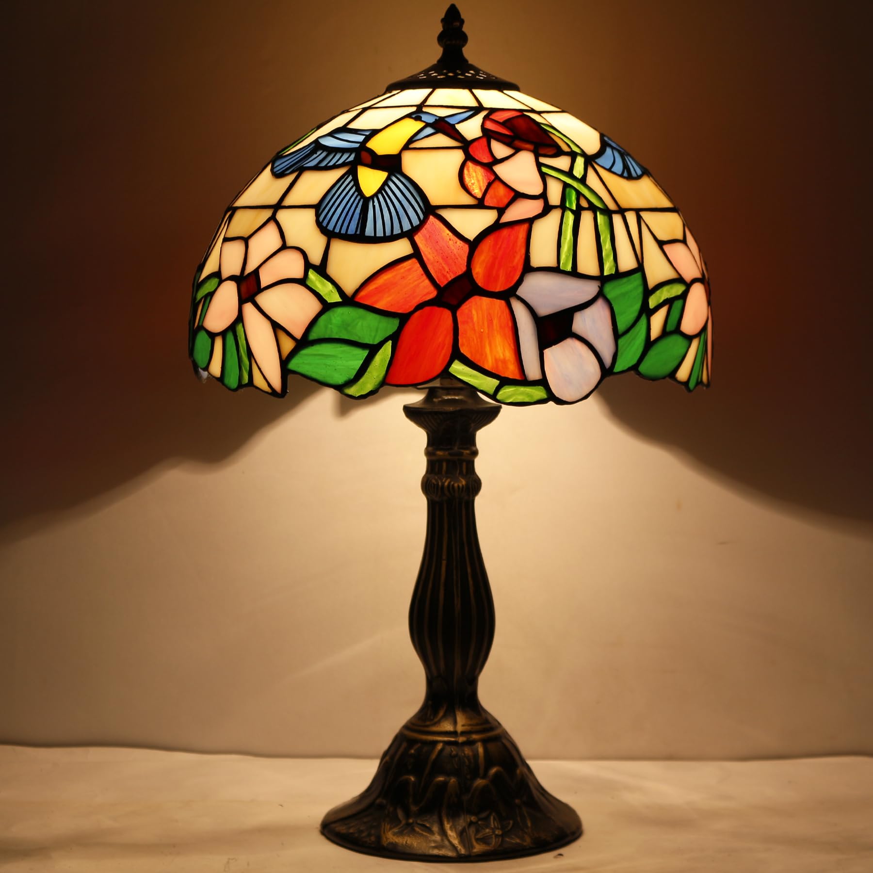 WERFACTORY Tiffany Lamp Stained Glass Hummingbird Style 12x12x18 Inches Glass Bedside Table Desk Light