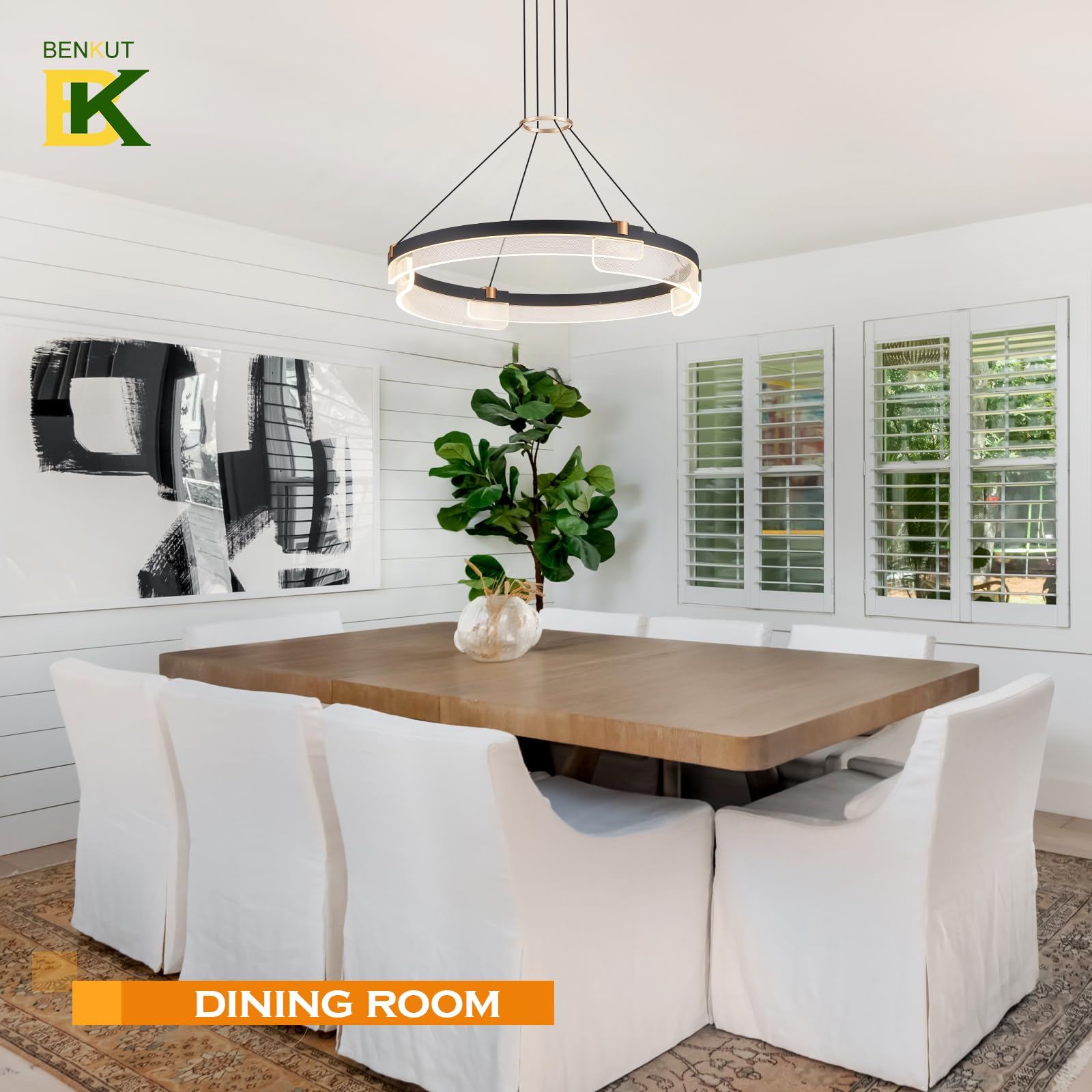 Benkut Modern Led Pendant Light, Dimmable Black Led Chandelier For Dining Room Light Fixture Over Table, 24 Inch Modern Pendant Light Kitchen Island Dining Room Living Room Entryway, 3000K-6500K