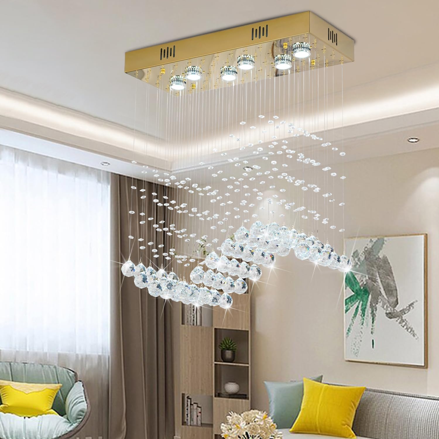Crystop Modern Gold Wave Rectangular Chandelier For Dining Room Over Table, 6-Lights Raindrop Elegant Ceiling Light Fixture For