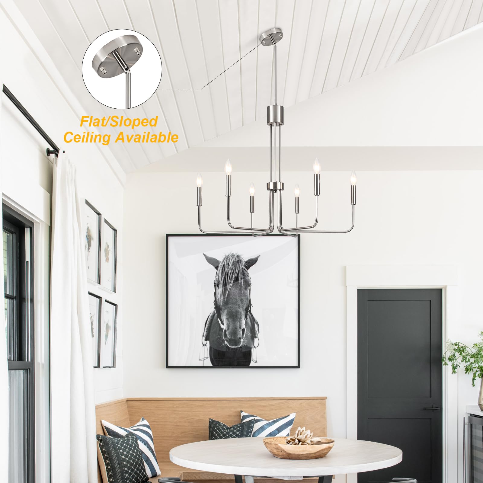 Zjvaive Dining Room Chandeliers 6-Light Brushed Nickel Chandeliers Modern Farmhouse Hang Light Fixture For Kitchen Living Room E