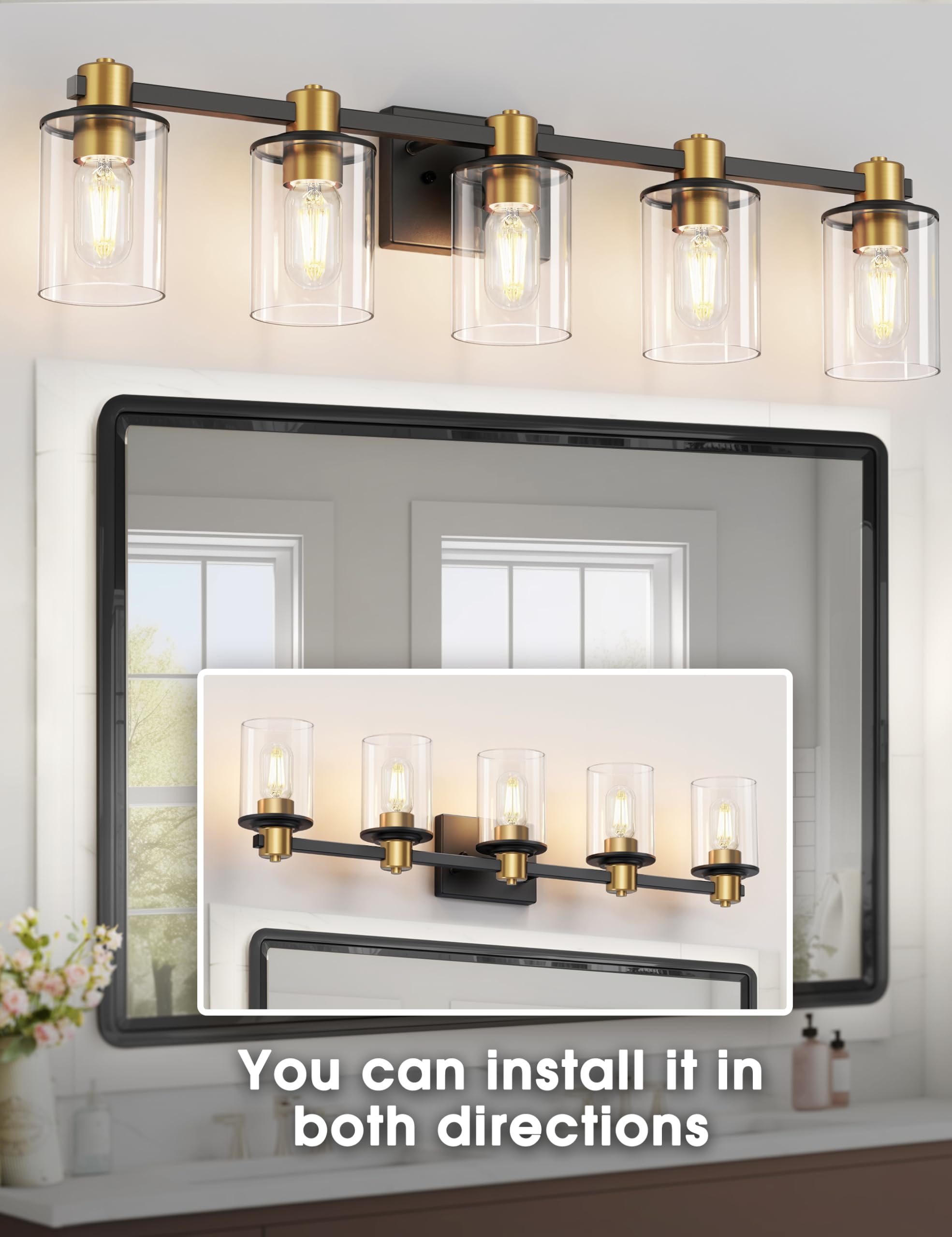 Doresshop 5-Light Udgraded Black And Gold Bathroom Light Fixtures, Modern Bathroom Lights Over Mirror With Clear Glass Shade, Va